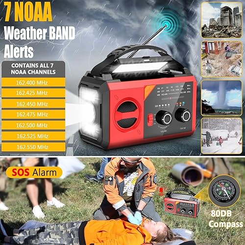 Miniatura 7 de Radio meteorológica de emergencia de 30000 mAh con altavoz inalámbrico, 111000 mWh NOAA/AM/FM radio solar con linterna celular, cargador de Rojo
