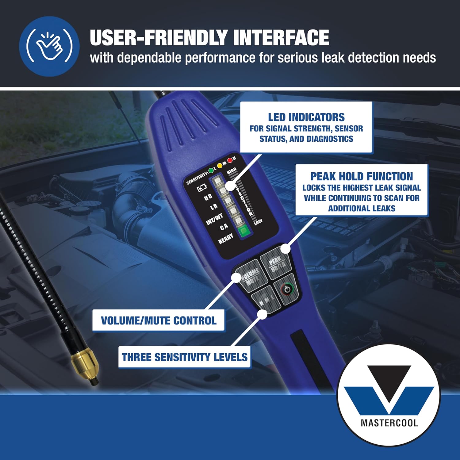 Mastercool 55900 Combo Kit – Intellasense II Leak Detector + R1234yf/R134a Manifold Gauge Set – Heated Tin Oxide Sensor – Flexible Probe – Includes Batteries, Hoses, and Couplers