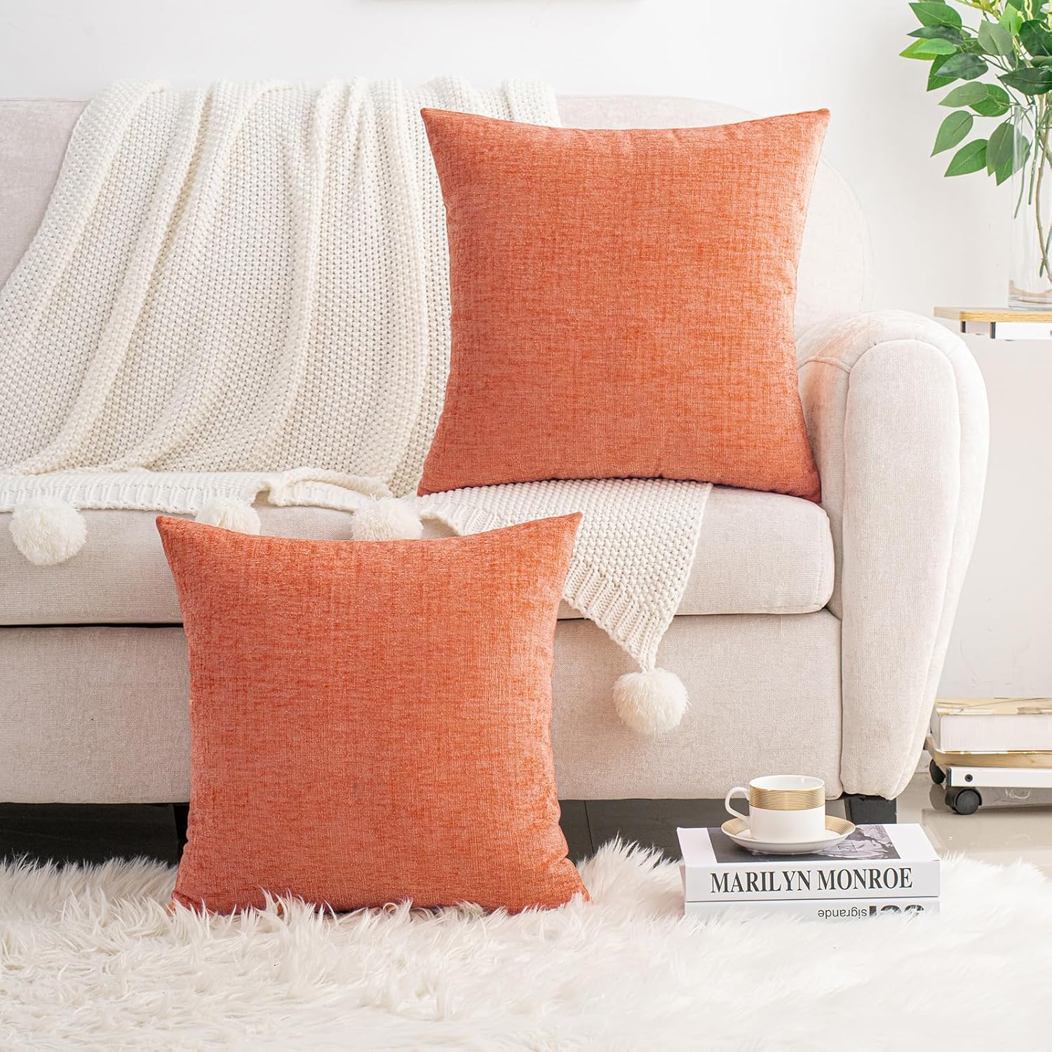 HWY 50 Coral Pink Couch Pillow Covers 22x22 Inch Pack of 2, Soft Chenille Decorative Throw Pillow Cases Farmhouse for Sofa Living Room Bed