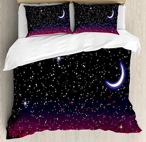 Ambesonne Juego de funda de edredón nocturna, cielo rojo en paisaje estrellado y astronomía de astrología, juego de ropa de cama decorativo de 3