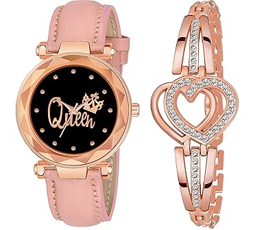 CERO Queen Dial Leathers Strap Watch and Diamond Studded Bracelet Combo of Girls and Woman's Watches