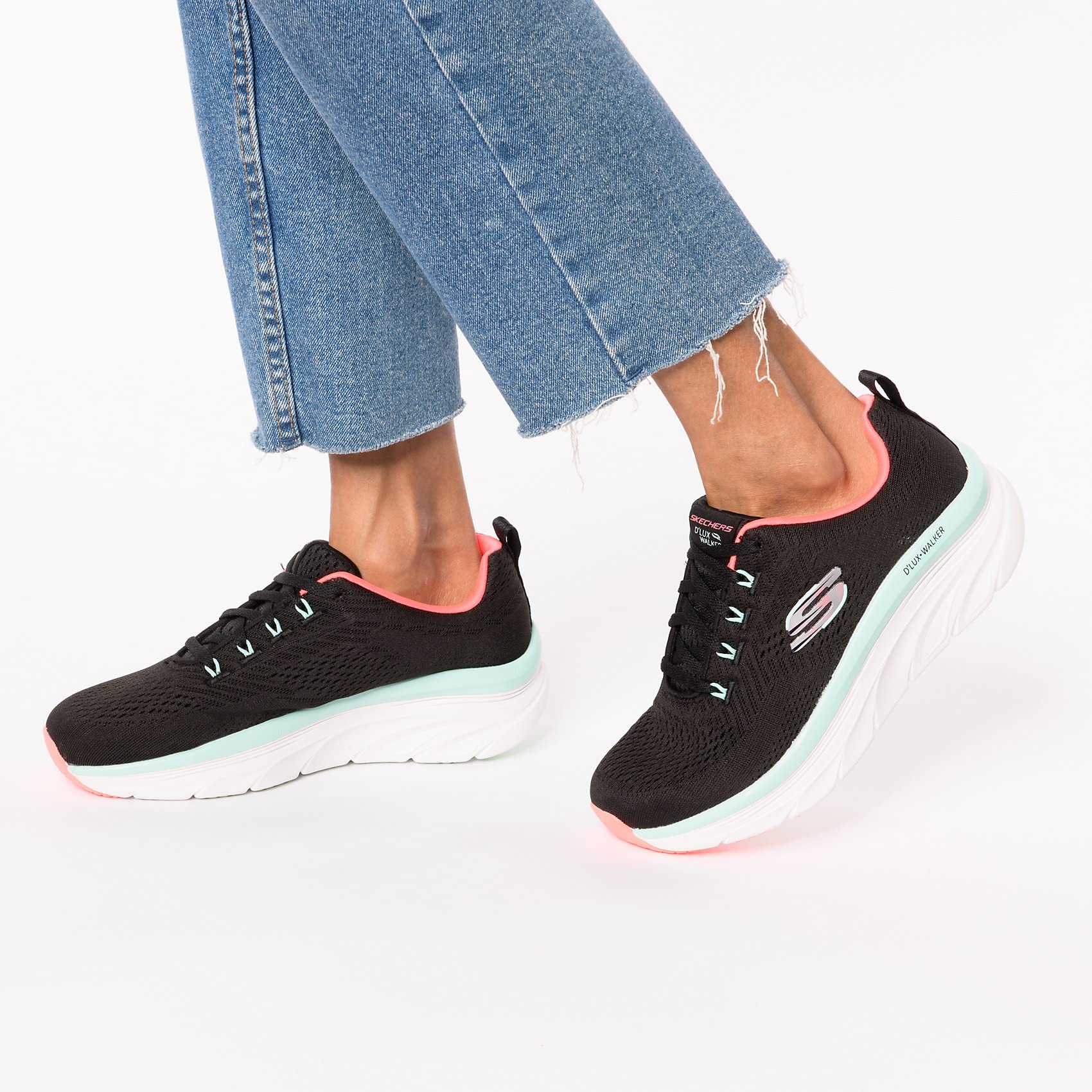 Skechers D'lux Walker - Fresh Finesse, Sneaker Donna, Bianco Black Mesh Mint Trim, 39 EU