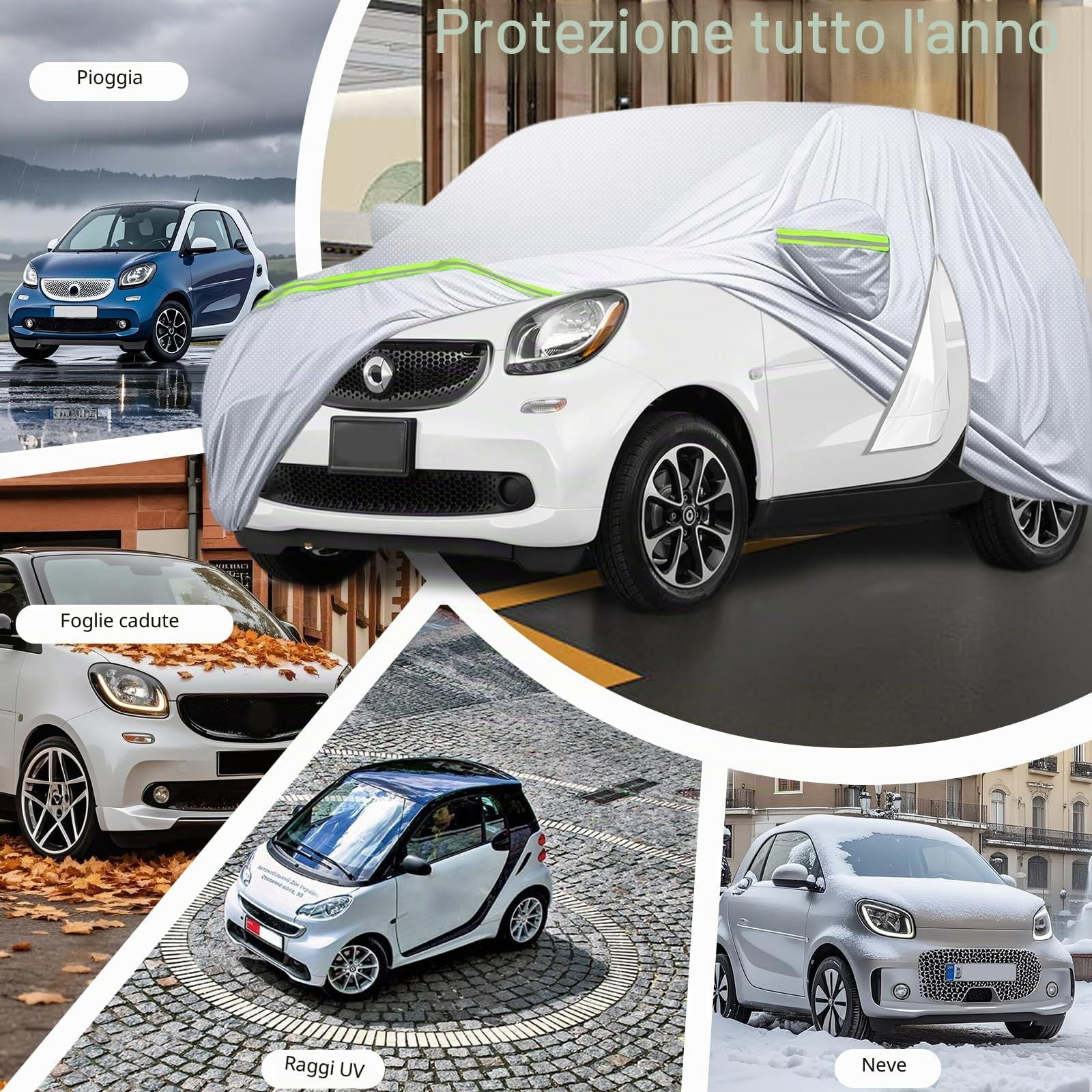 telo Copriauto per smart fortwo W451 W453 2016-2024, Telaio antivento con porta cerniera, tessuto Oxford DuPont.