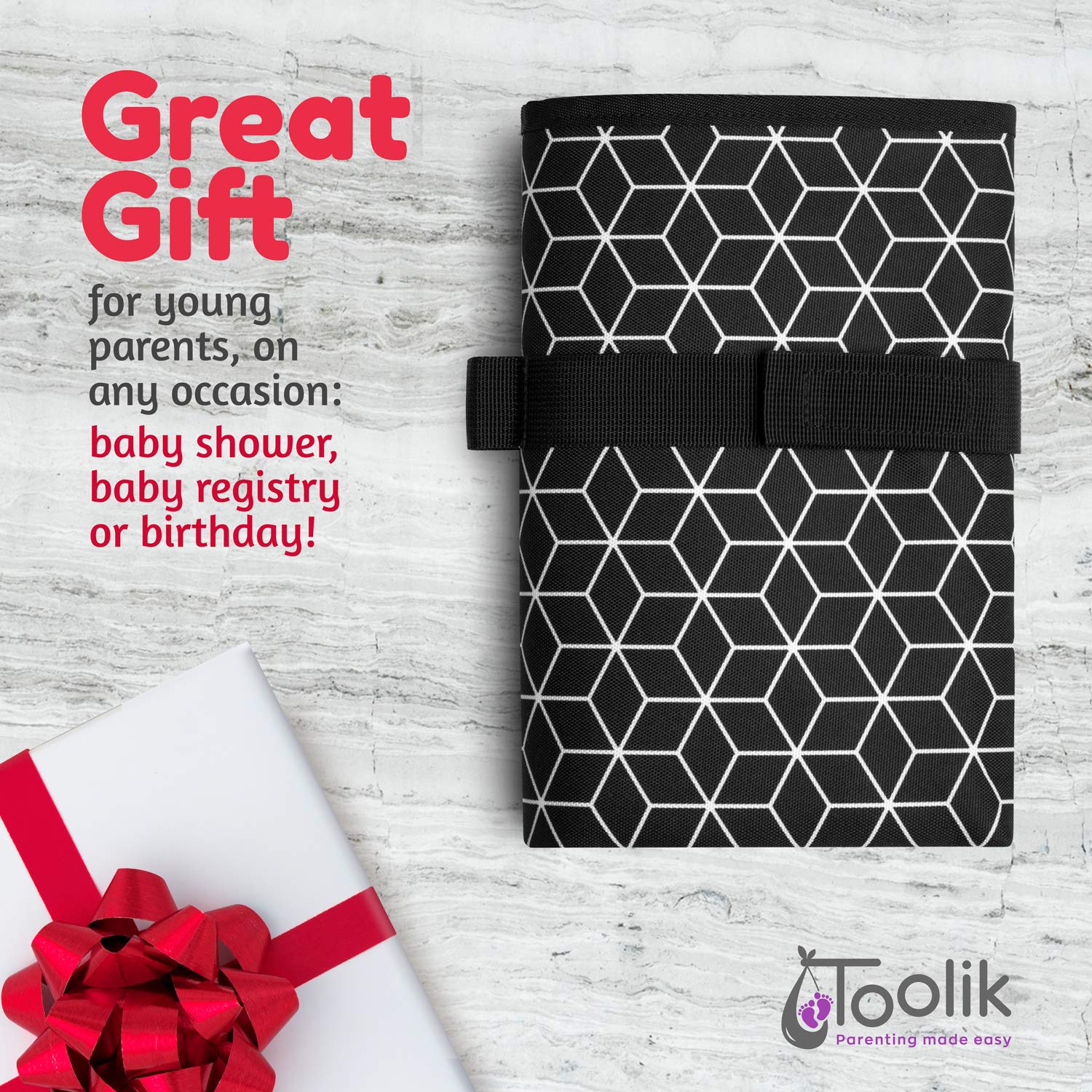 Toolik Baby Diaper Changing Pad, Portable and Foldable Large Waterproof Mat, Black with 3D Cube