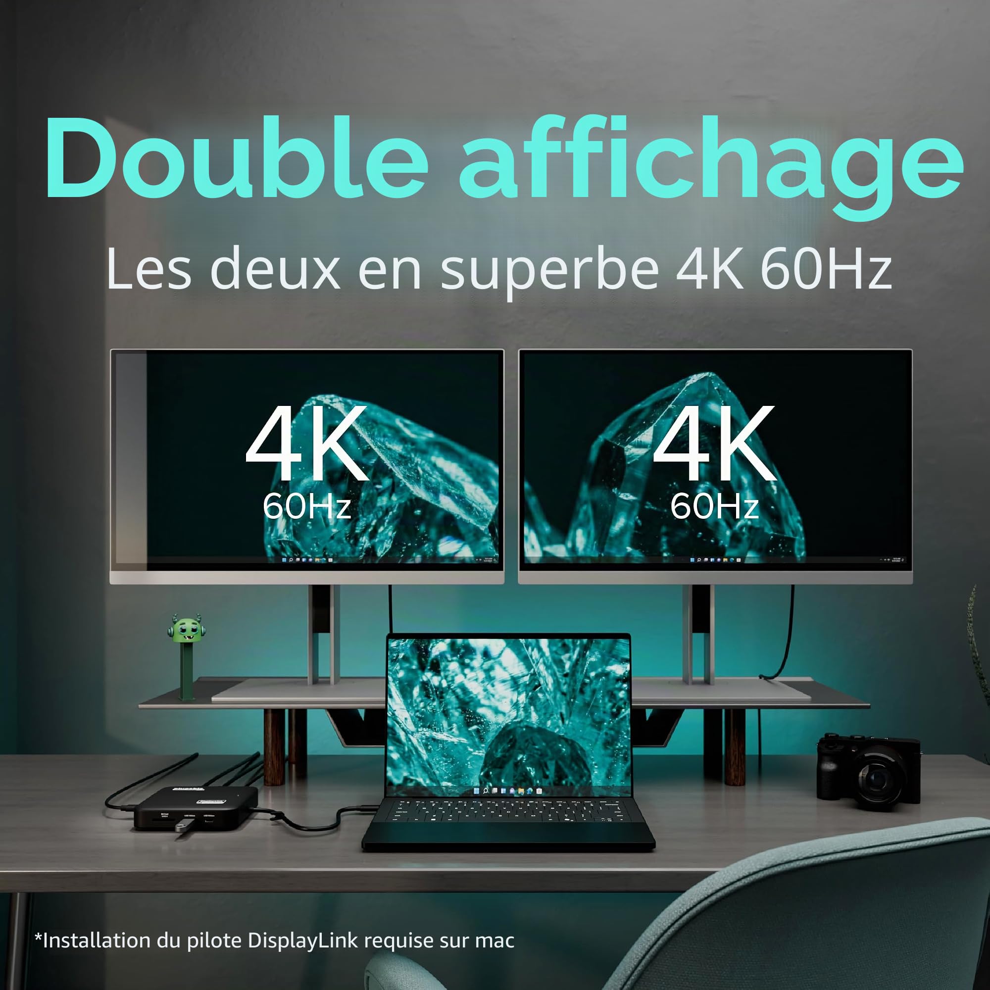 Plugable Station d'accueil 7 en 1 USB-C DisplayLink – Double HDMI 4K (nécessite un pilote DisplayLink), charge PD 100 W, compatible USB 4 et Thunderbolt, Gigabit Ethernet, USB-A/C, carte SD – pour