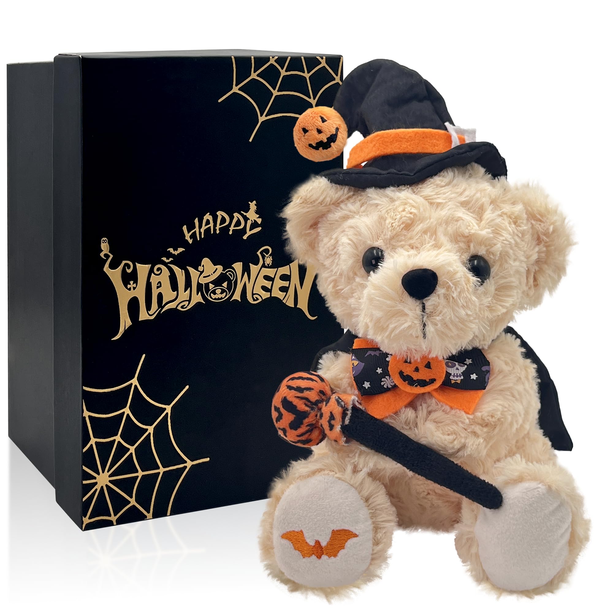 Halloween Plush Bear - Halloween Stuffed Animal Teddy Bear Wizard with Pumpkin Hat & Magic Wand, Halloween Party Decorations Gifts for Boys & Girls - 8 Inch Halloween Toy Bear Plushies Stuffed Animal
