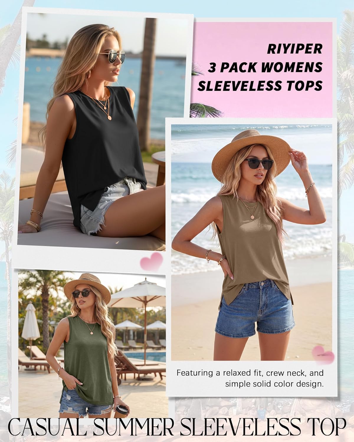 Riyiper 3 Pack Women's Sleeveless Tops Crew Neck Loose Fit Tank Tops Casual Summer Muscle Shirts Basic Solid Flowy Tees - Image 3