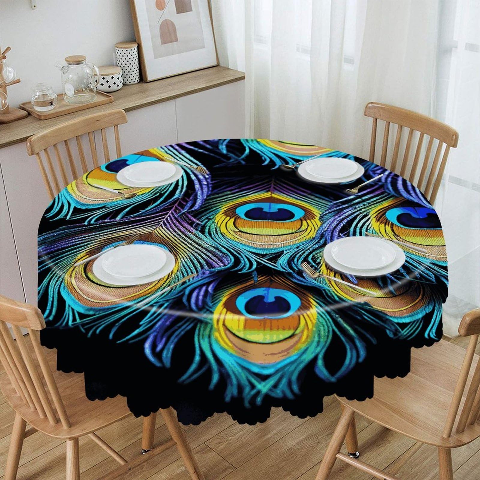 FekiLoot A Bunch of Peacock Feathers Round Tablecloth 60 Inch Waterproof Heavy Duty Table Cloth Spillproof Washable Table Cover Wrinkle Resistant Tablecloths Decorative Table Cloths