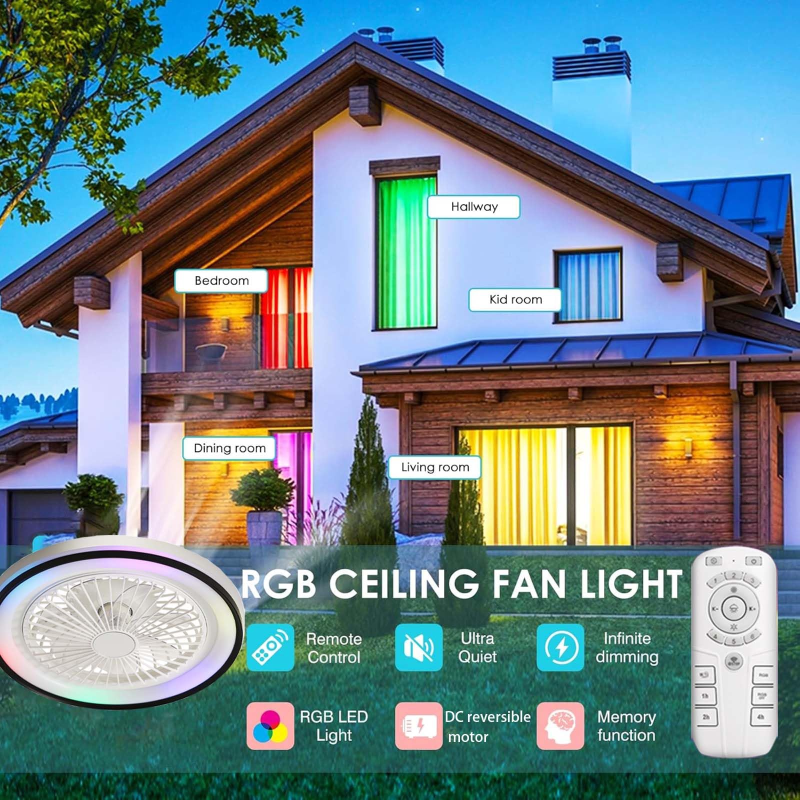 Ventilatore Soffitto Nero RGB Luce 6 Velocità Telecomando APP