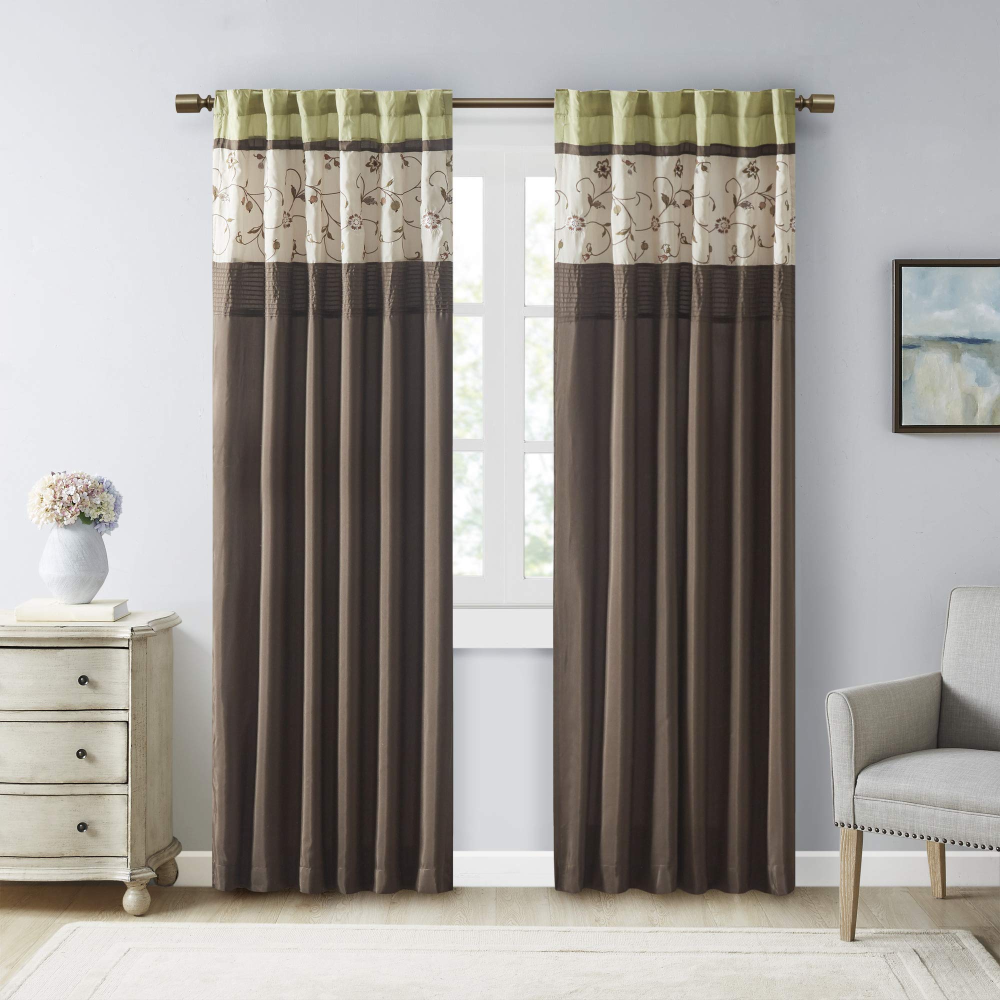 Madison ParkSerene Embroidered Room Darkening Rod Pocket/Back Tab Treatment Curtain Window Panel Drape for Bedroom Livingroom and Dorm, 50x84, Green