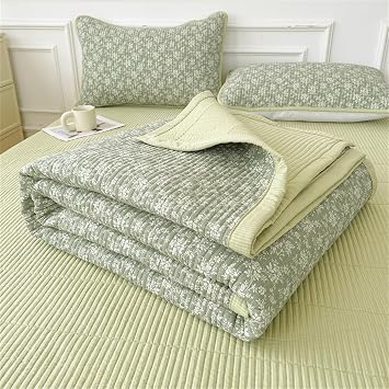 Highdi Quilted Bedspreads Florals Double King Size Bedspread, Soft Comforter Bed Throw Microfiber Bed Spread, Reversible Quilted Throw, for All Season Bedroom Decorative Green,200x230cm