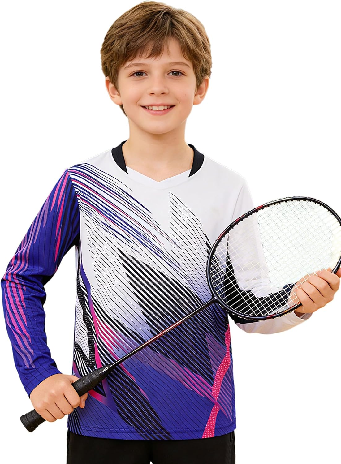 Kids Boys Youth Quick-Dry Printed Jersey Long Sleeve V-Neck Top for Soccer Badminton Practice