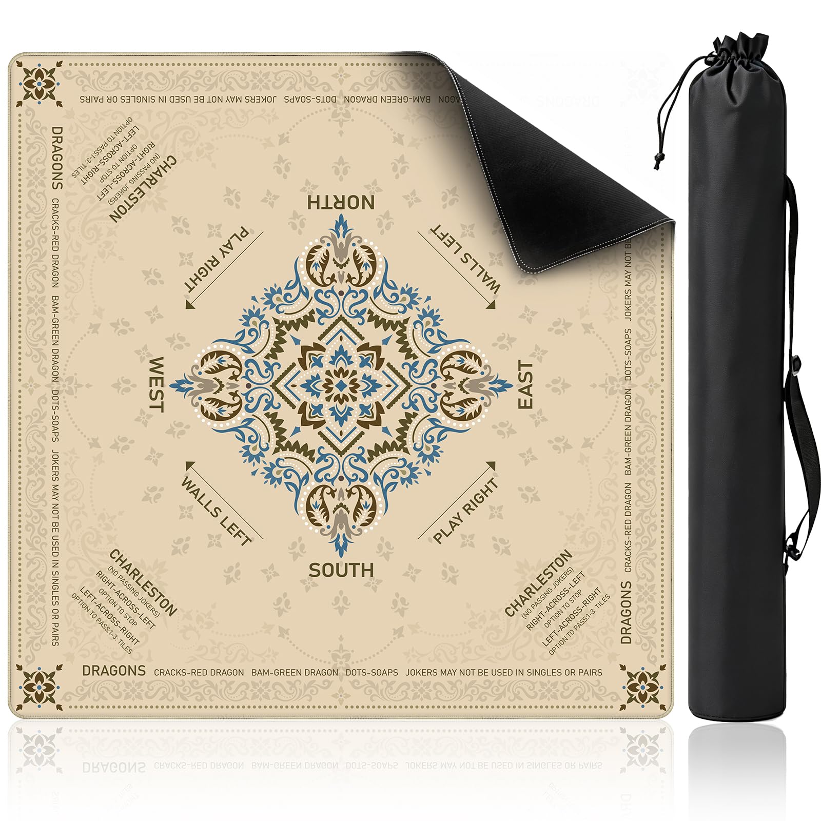 Tapis de Mahjong avec règles 82,5 x 82,1 cm, tapis de jeu antidérapant avec réduction du bruit avec sac de transport, housse de table pliable pour cartes de poker Mahjong, jeux de société