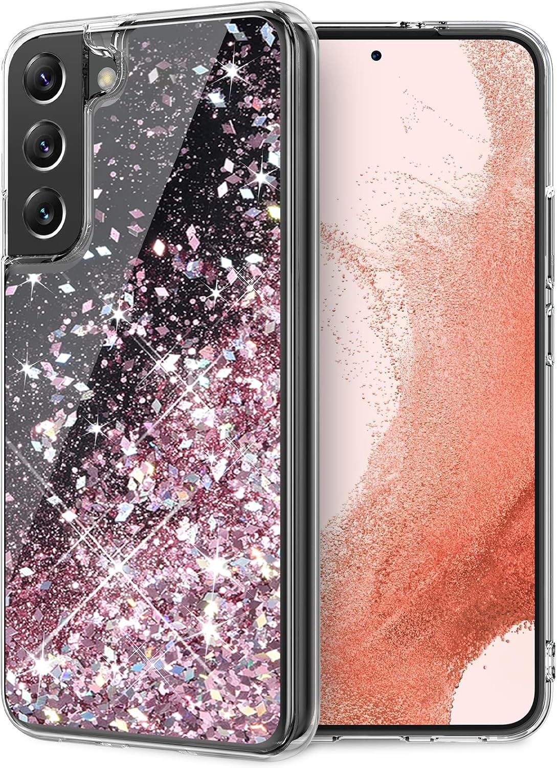 Caka Case Designed for Galaxy S22 Glitter Case, Samsung S22 5G Phone Case Sparkle Bling Girly Flowing Floating Pink Quicksand for Women Girls Case Cover for Samsung Galaxy S22 2022 (Black Rose Gold)