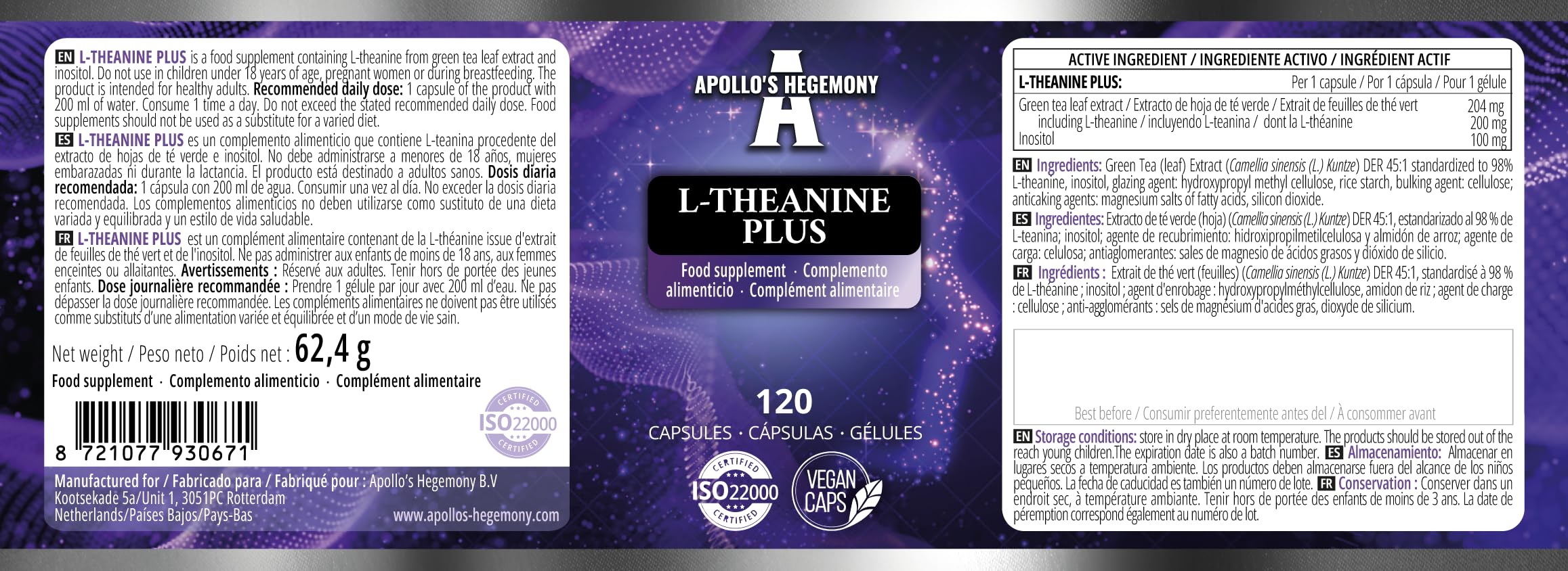 L-Teanina (98% estratto di tè verde) con Myo-Inositolo 300 mg - 120 capsule vegane - 4 mesi di fornitura - Supporta la chiarezza mentale e la gestione dello stress - da Apollo's Hegemony