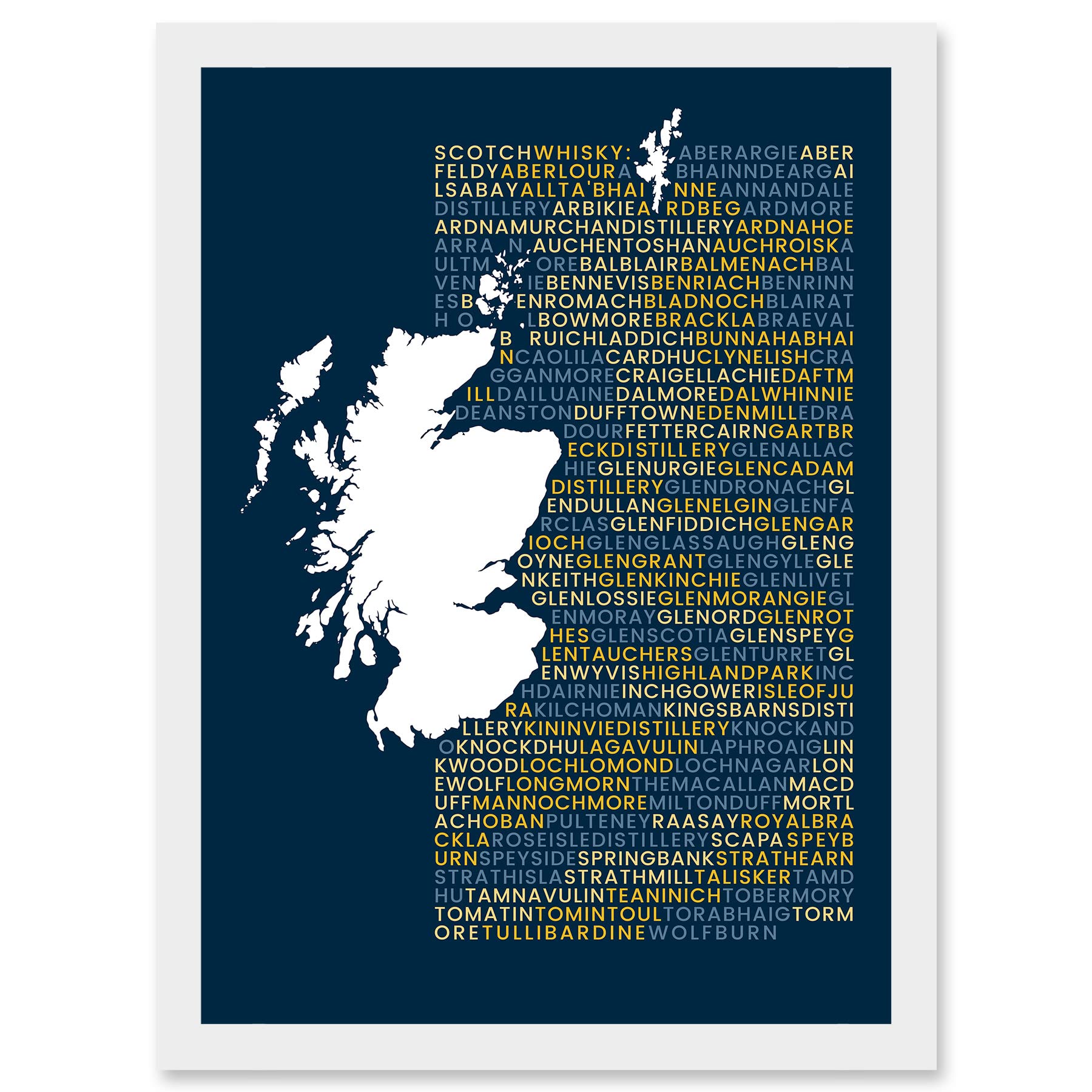 Wee Blue Coo Scotch Whisky Distilleries Typography Map Artwork Framed Wall Art Print A4