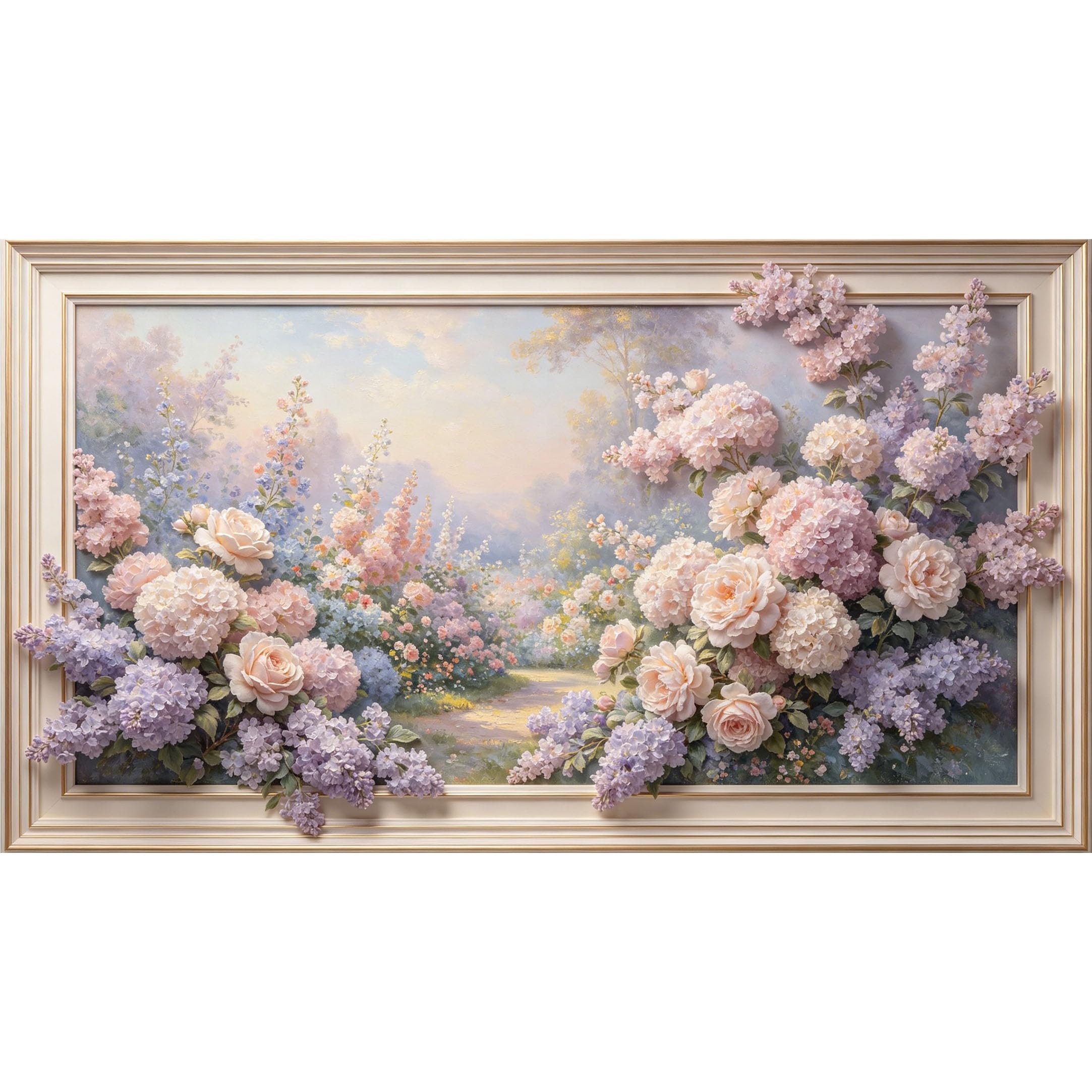 QZLITHOTIC 50x90cm3D Framed Wall Art， Botanical Floral Garden Pathway SelfAdhesive Mural， WaterActivated Peel & Stick Fabric Decor Wall Decal for Bedroom Living Room