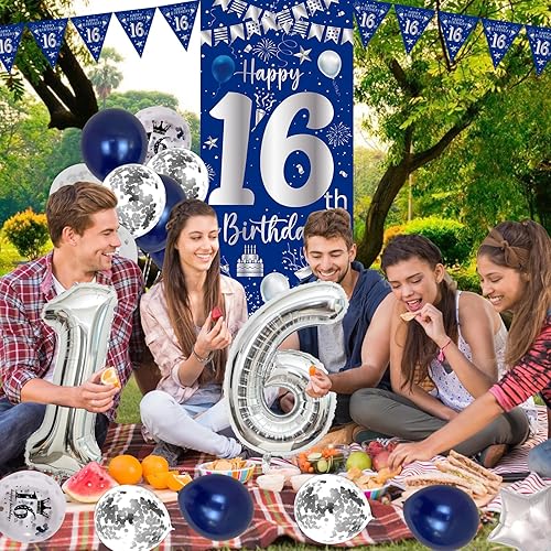 Miniatura 3 de Decoraciones de cumpleaños número 16 para niños y niñas, decoración de feliz cumpleaños número 16, pancarta de 32 pulgadas, globo de aluminio con el