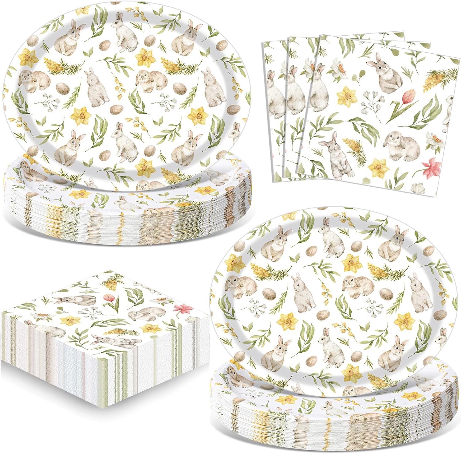 Maxdot 100 Pcs Easter Plates and Napkins Disposable Oval Plates Paper Dinnerware Set Vintage Bunny Egg Tableware Set Spring Flowers Designs for Family Party Decor Supplies, Serves 50(Easter)