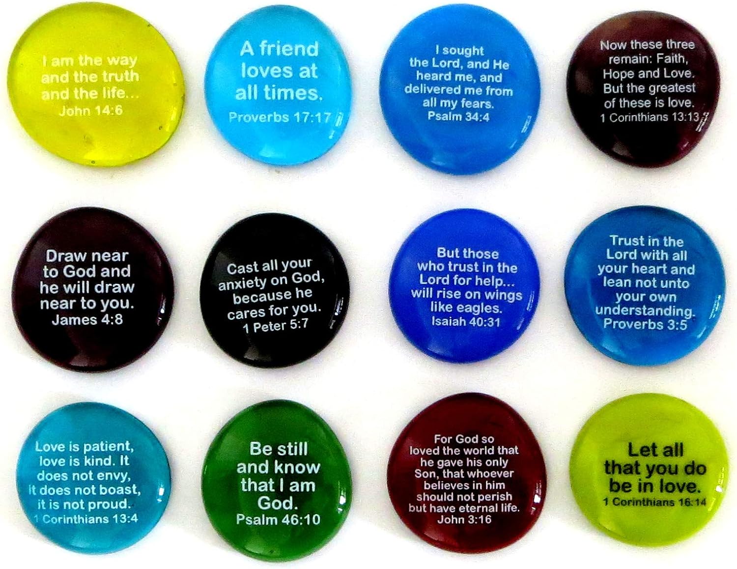 Lifeforce Glass Scripture Glass Stones, 12 of Your Favorite Inspiring Bible Verses on Translucent and Opaque Rocks, Set II.