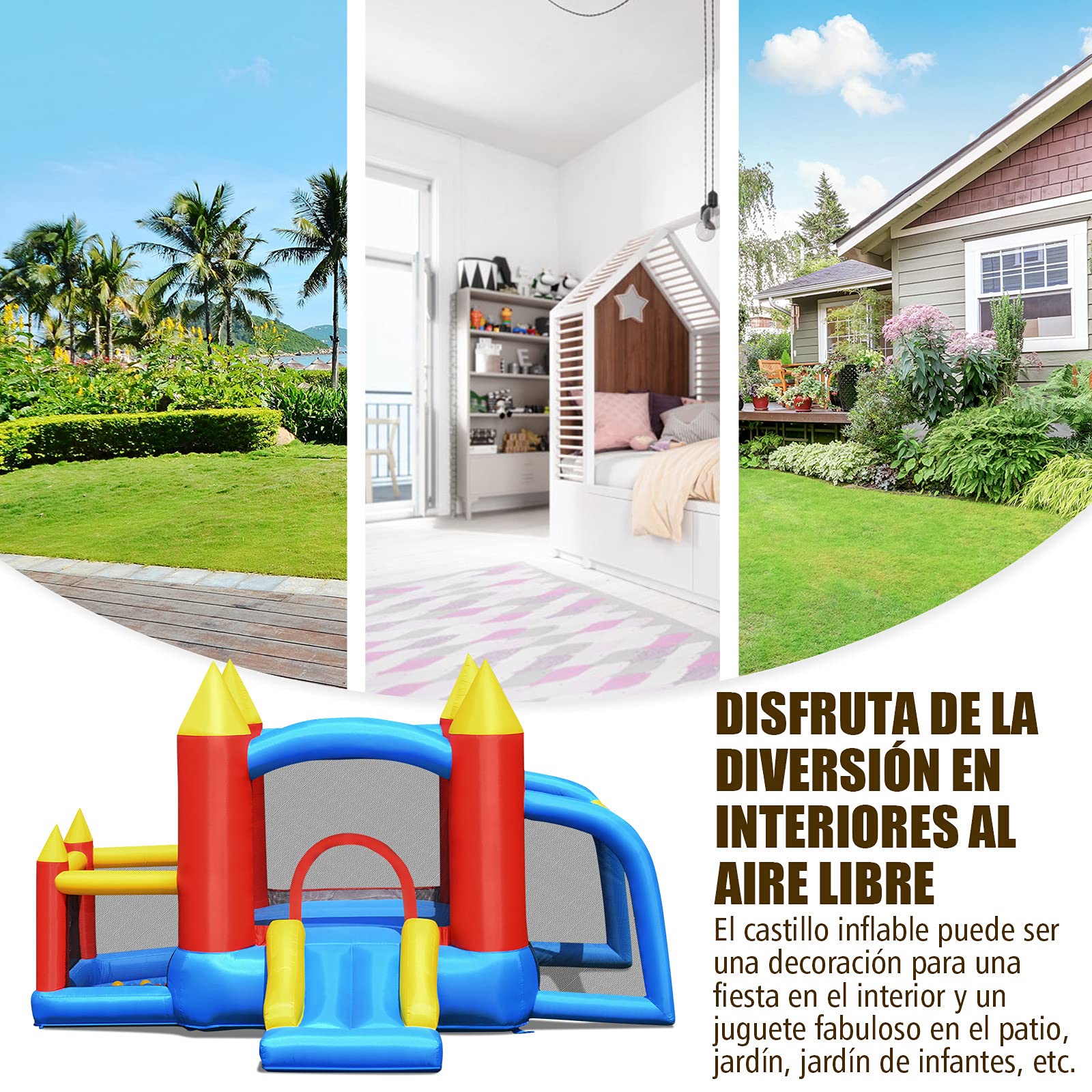 COSTWAY Castillo Hinchable con Tobogán para Niños con Soplador de Centro de Juego con 60 Pelotas Oceánicas,Portería de Fútbol,Bolsa de Transporte para Parque Patio Jardín Exterior