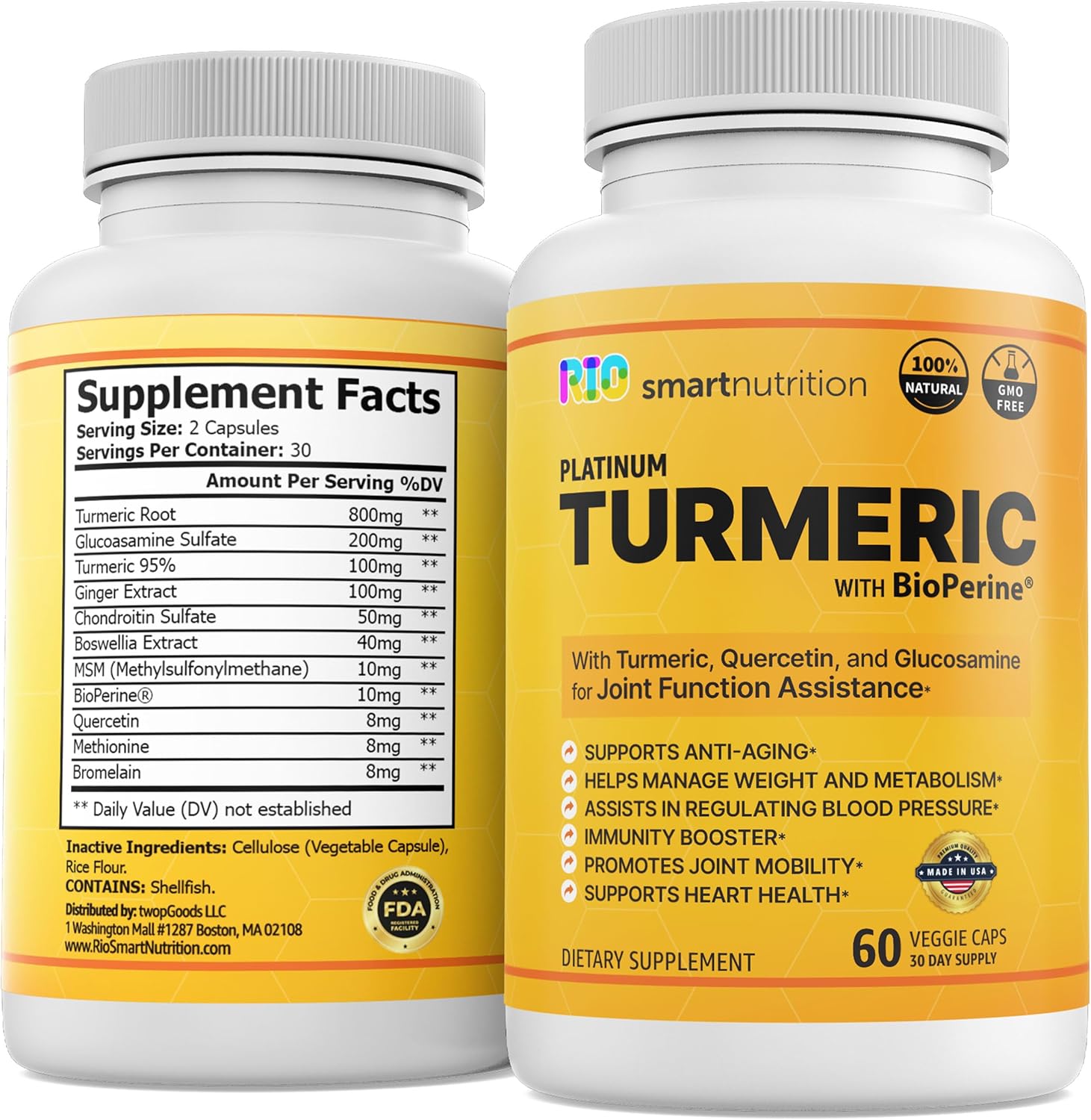 Rio Suplemento de cúrcuma platino con BioPerine con quercetina y glucosamina para asistencia de la función articular - Retención de memoria -