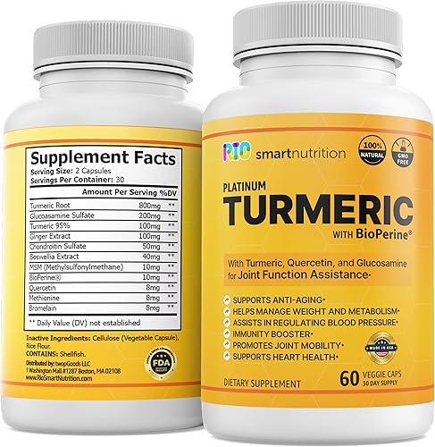 Rio Suplemento de cúrcuma platino con BioPerine con quercetina y glucosamina para asistencia de la función articular - Retención de memoria -