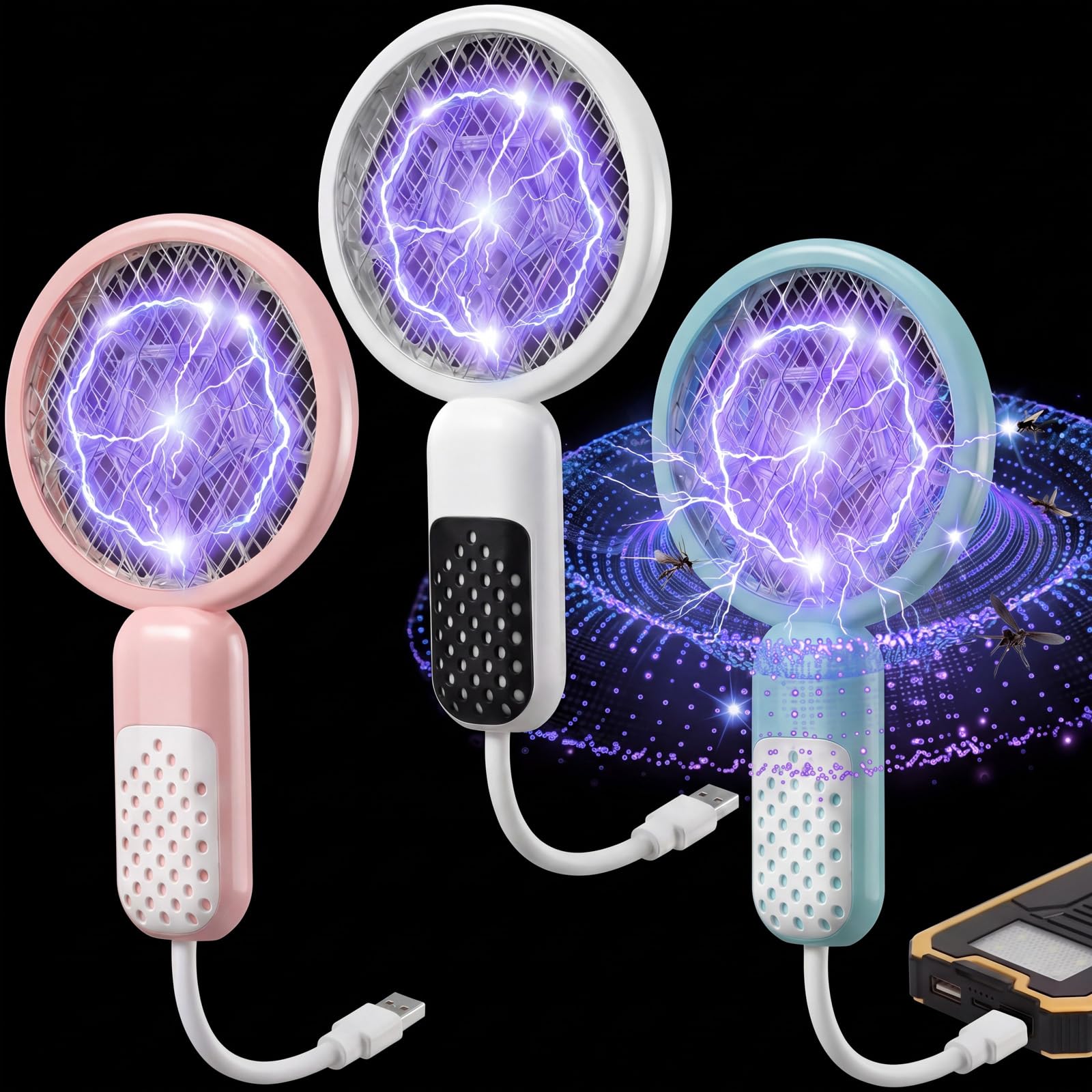 3 Pack Mini USB Electric Mosquito Swatter, Plug-and-Play UV Light Bug Zapper with Safety Mesh, Portable Insect Killer for Indoor Outdoor Gnats Fruit Flies Moths