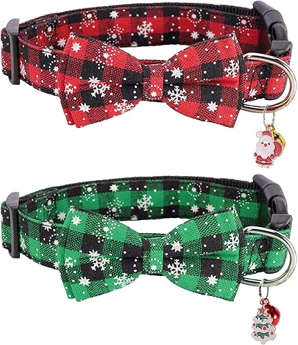 Miniatura 2 de Juego de 2 collares de Navidad para perros con lazos, diseño de copos de nieve a cuadros con campanas y árbol de Navidad, Papá Noel, perro para