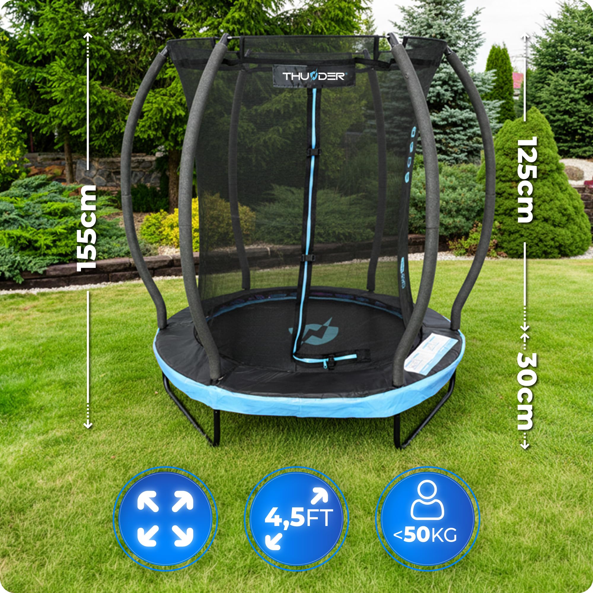 THUNDER Trampolino da Giardino con Rete e Scala – Outdoor per Bambini e Adulti, Stabile, Wetterfest, Varie Misure e Color