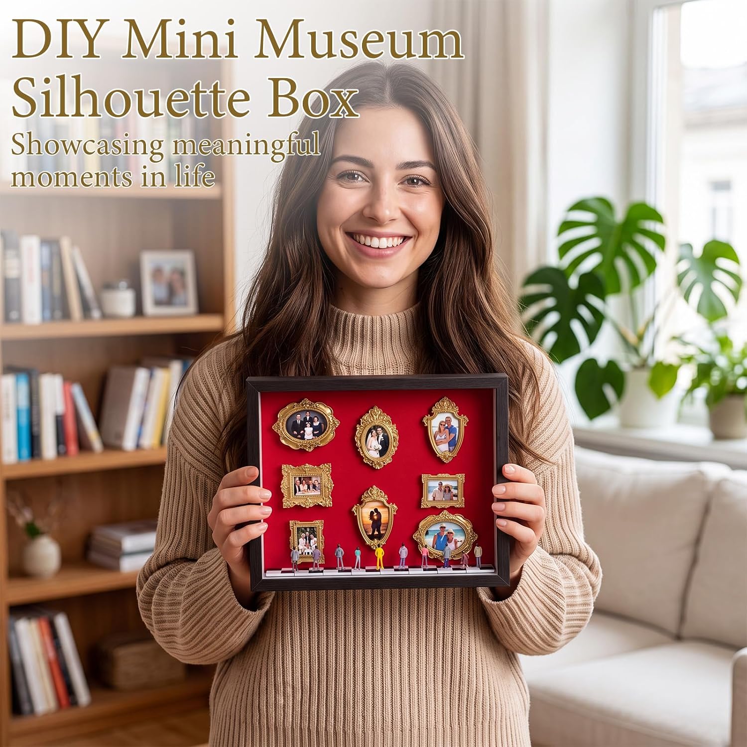 DIY Small Museum Silhouette Box Kit with Shadow Box Frame 10 Mini Gold Photo Frame 10 Figurine 8 Floor Sticker and 1 Wall Sticker Personalized Memory Display for Wedding Home Decor(Solid Red)
