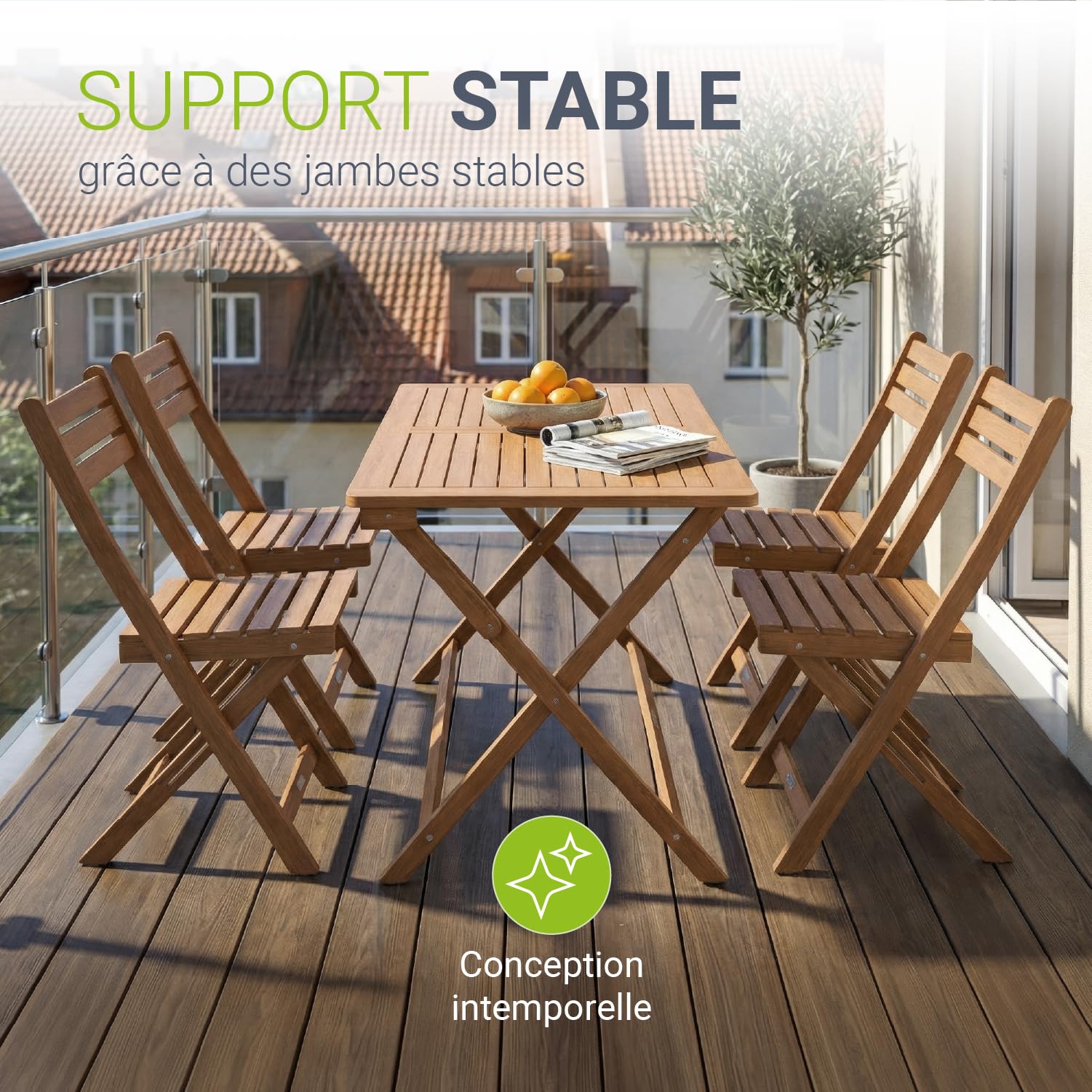 Juskys® Ensemble de mobilier de Jardin Rimini - Naturel, Bois d'acacia, Comprenant Un Ensemble de 4 chaises et Une Table, Stable, Durable