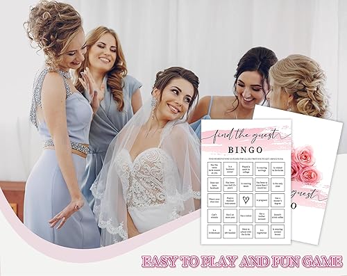 Miniatura 5 de Tuyashua Pink Swash Find The Guest - Juego de bingo para 30 invitados con tarjetas de juego, juego de despedida de soltera en acuarela rosa,