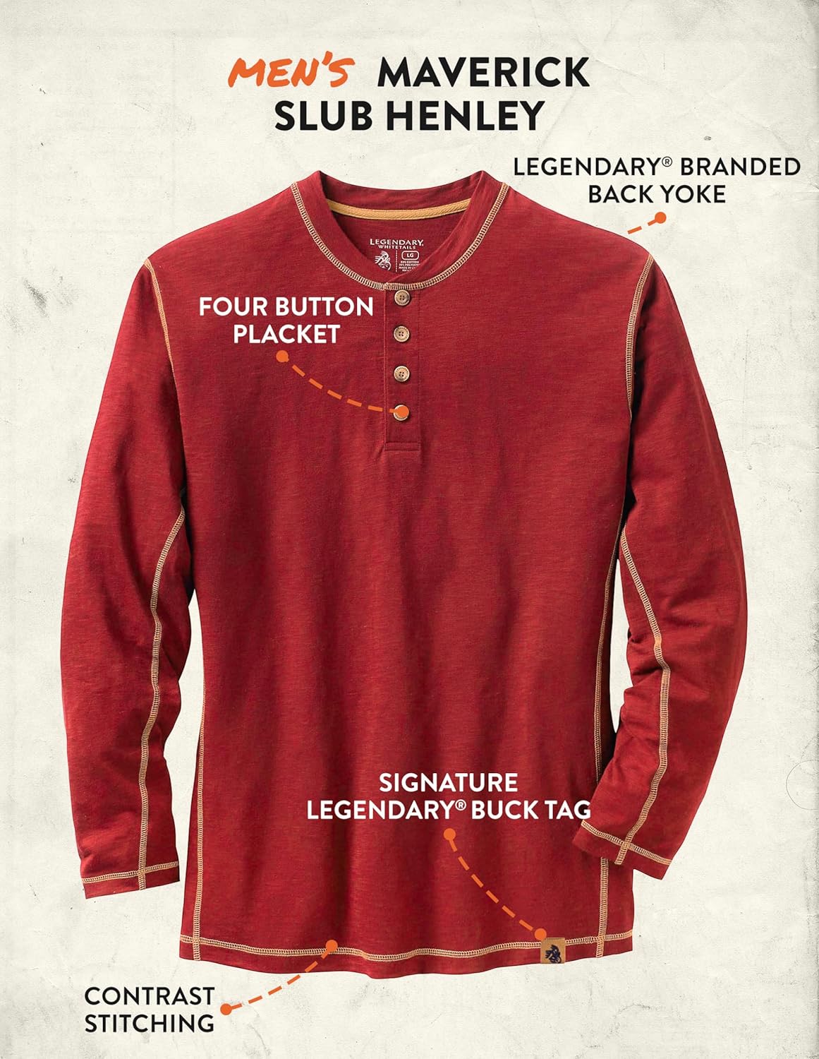 Legendary Whitetails Men’s Henley Long Sleeve Casual Fit Shirt - Image 2