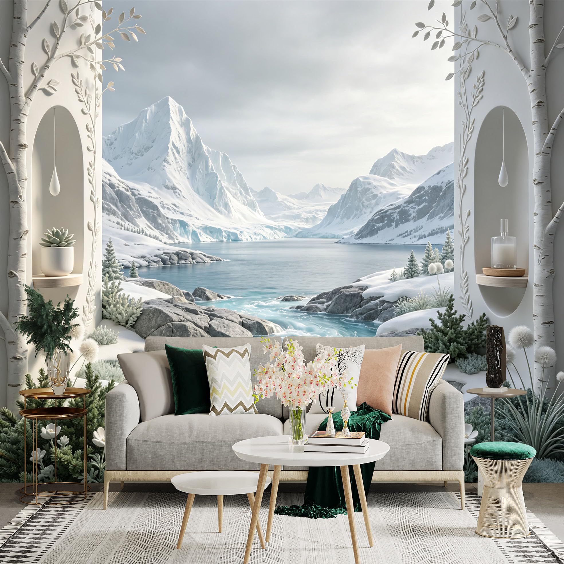 Lnzczhyre Bh260719590 Custom Size Wall Sticker Mural， Snowy Mountain Landscape， Frozen River， Winter Scenic View， Archway Window Frame， For Wall Decoration， Peelandstick Wall Decals.