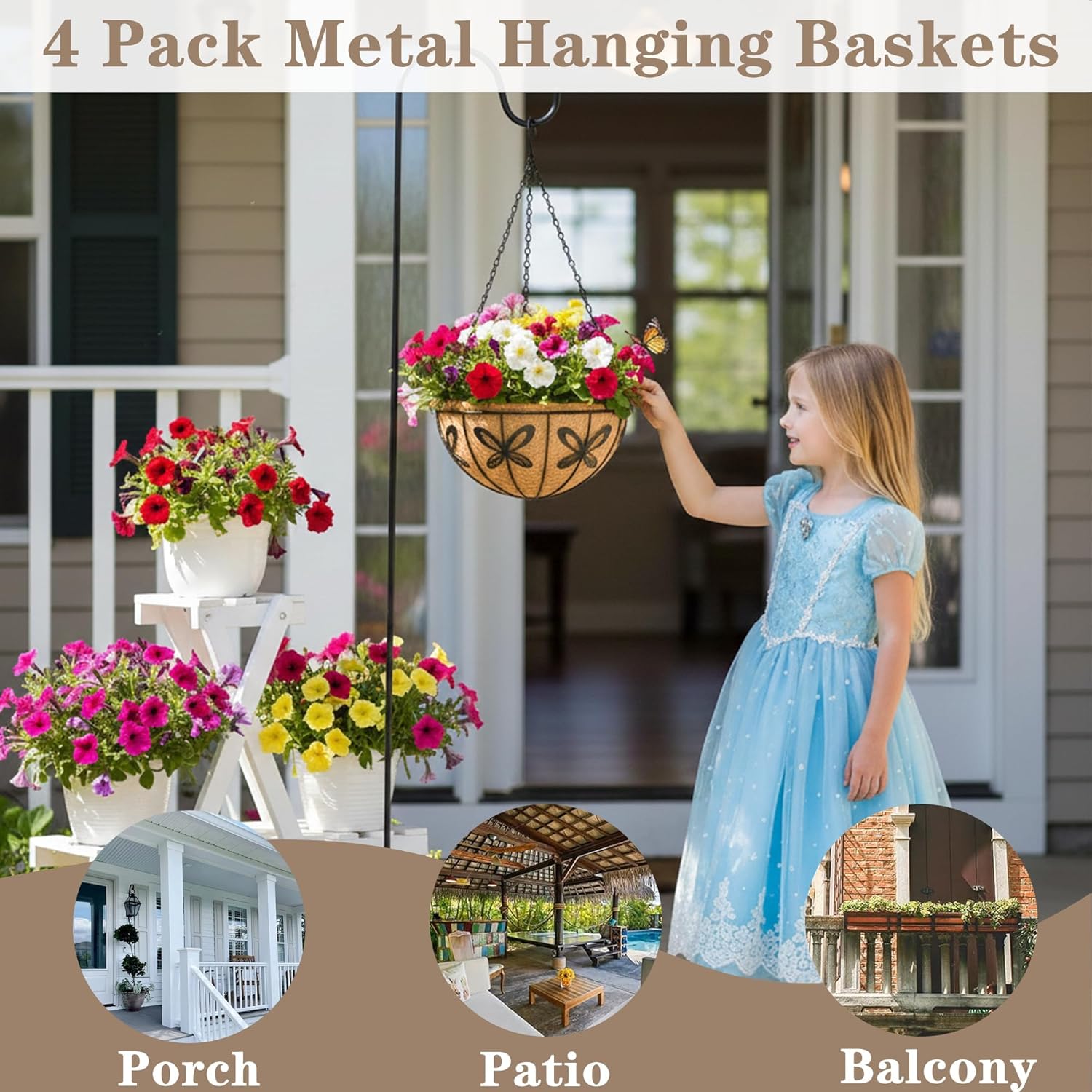 EIMQUVW Outdoor Metal Hanging Planters Basket (4pack, 14 inch) Hanging Baskets for Plants Chain Round Wire Plant Holder with Coco Fiber Liners for Garden, Patio, Deck, Porch(Butterfly)
