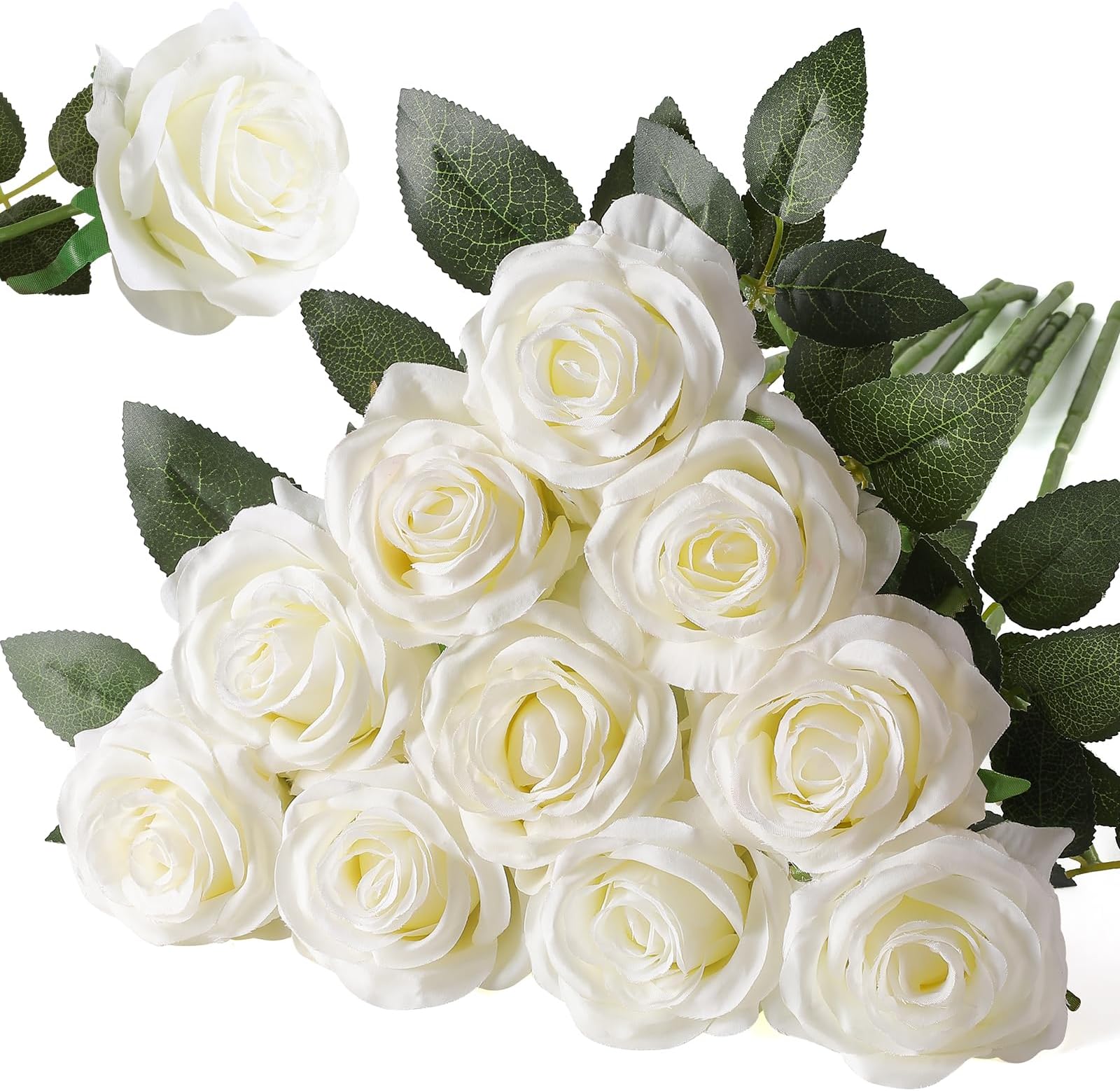 Artificial Silk Rose Flower Bouquet Lifelike White Fake Rose for Wedding Home Party Decoration Event Gift 10pcs (Off White)