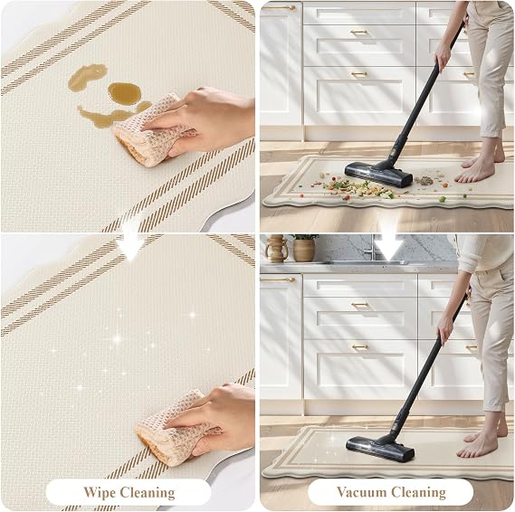 KIMODE Anti Fatigue Kitchen Mats, Beige Scalloped Rugs for Kitchen Floor