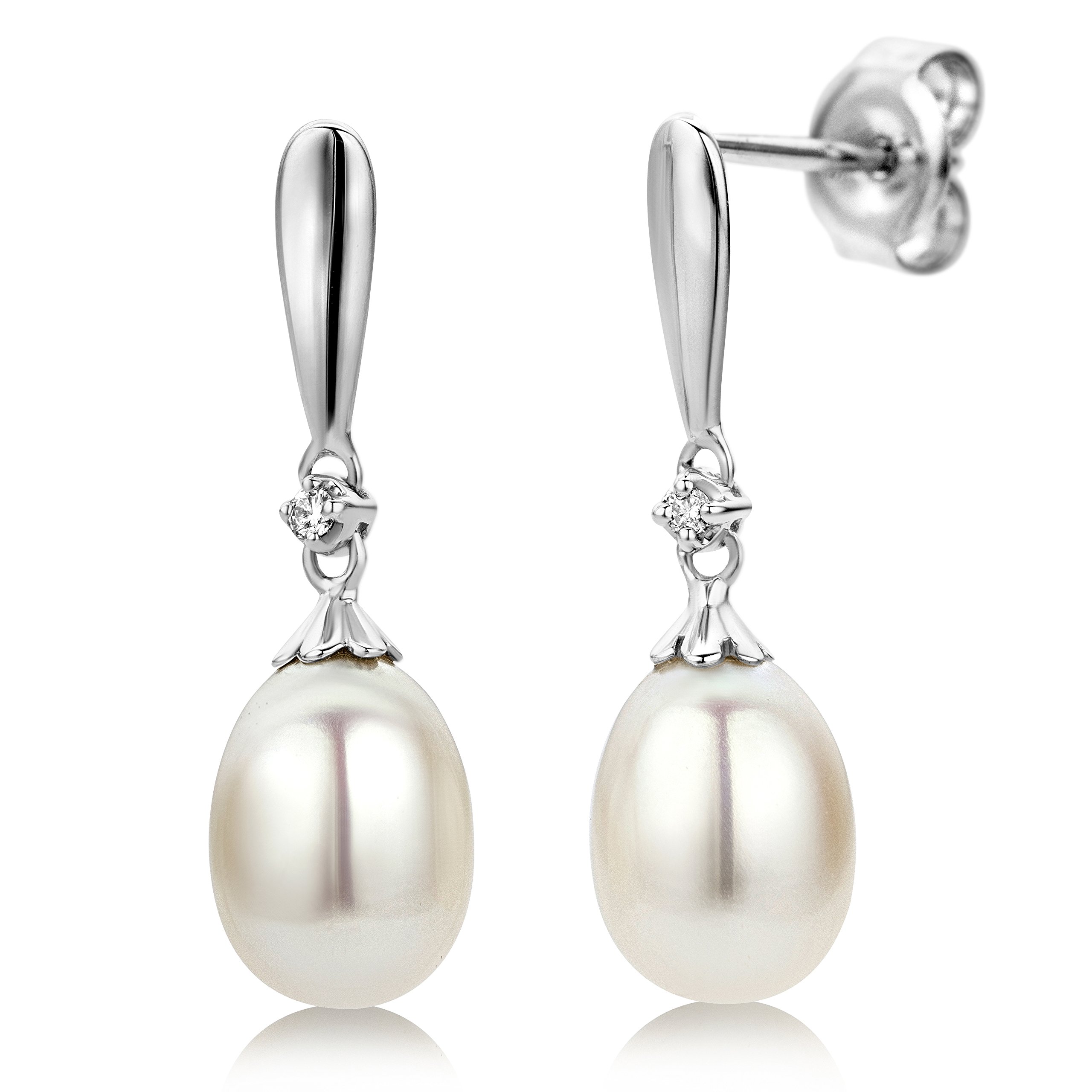 Miore Pendientes de Oro Blanco de 9K con Diamantes y Perlas en Forma de Gota para Mujer
