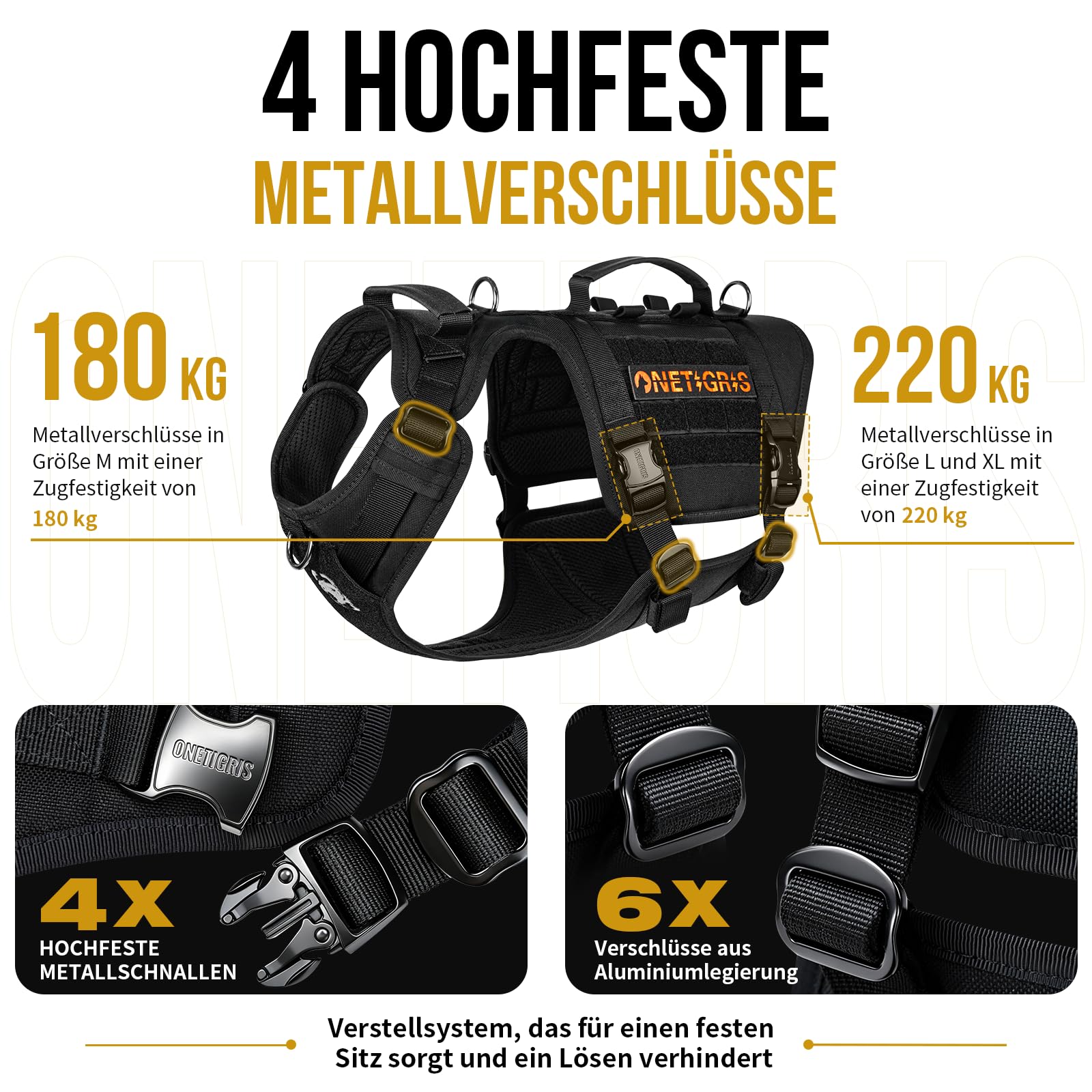 OneTigris Hundegeschirr, Titan-Flow Metallschnalle Geschirr, Schwarz L