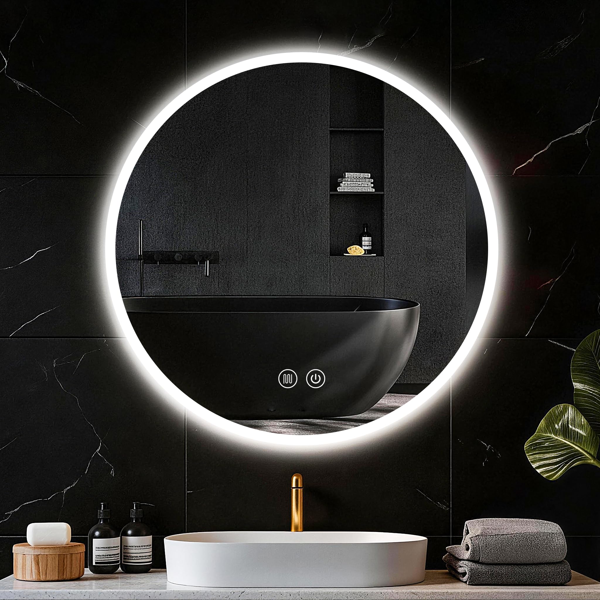 Badspiegel mit Beleuchtung 60cm, Runder Spiegel Badezimmerspiegel mit Beleuchtung, Touch-Schalter, Speicherfunktion, HD Hartglas, 3 Lichtfarben Dimmbarer LED Badezimmer Wandspiegel,60cm Rund