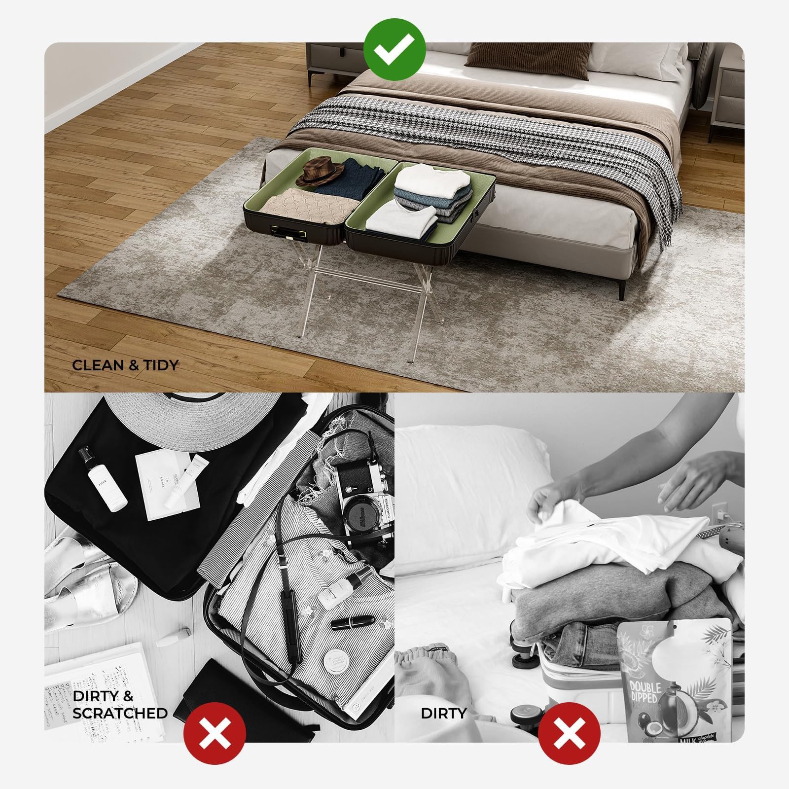 Porte-Bagages en Acrylique for Chambre d'amis - Support De Valise Pliable avec Sangles en Cuir for Chambre À Coucher,Robuste, Support De Valise Pliable, Léger Et Peu Encombrant(B)