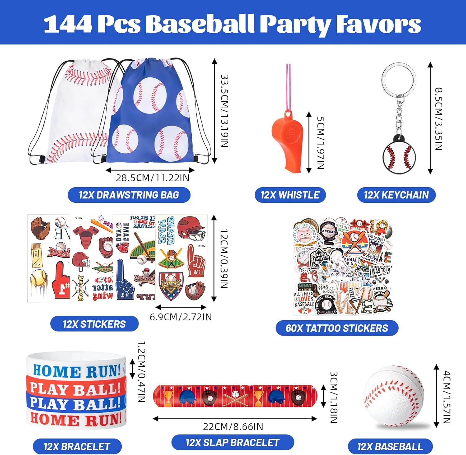 144 Pcs Baseball Party Favors, Baseball Goodie Bags with Mini Balls, Wristband, Slap Bracelets, Keychains, Tattoo Stickers, Whistle, Baseball Stickers for Baseball Birthday Party Supplies Team Gifts - Image 2