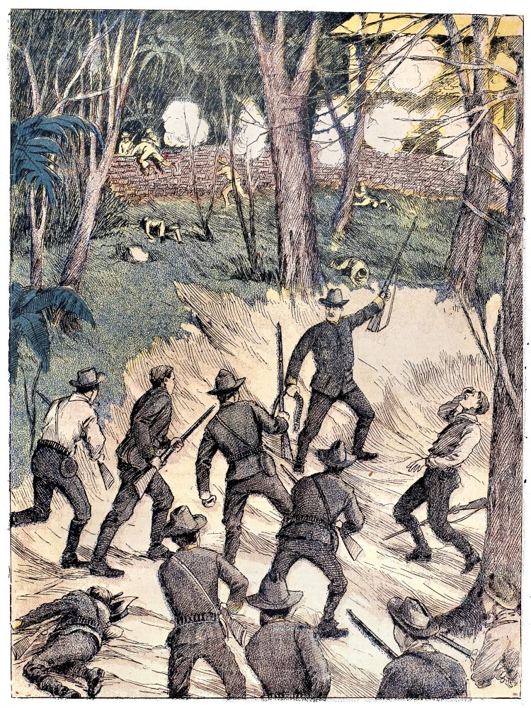 Spanish-American War 1898 Nsoldiers Of The 1St Us Volunteer Cavalry (Rough Riders) Led By Lieutenant Colonel Theodore Roosevelt (Pointing Rifle) Charge Spanish Forces Occupying A Blockhouse Near Sevil