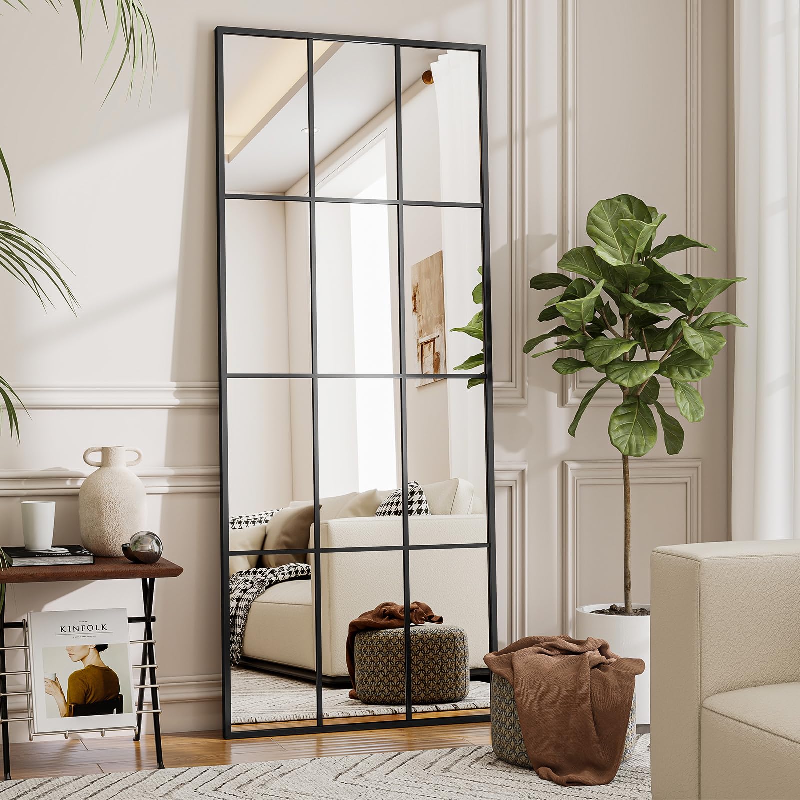 Koonmi Miroir Fenêtre 60 x 165 cm Rectangulaire Grille Décorative Corps Plein Cadre Métal Suspendu Entrée Salon Noir