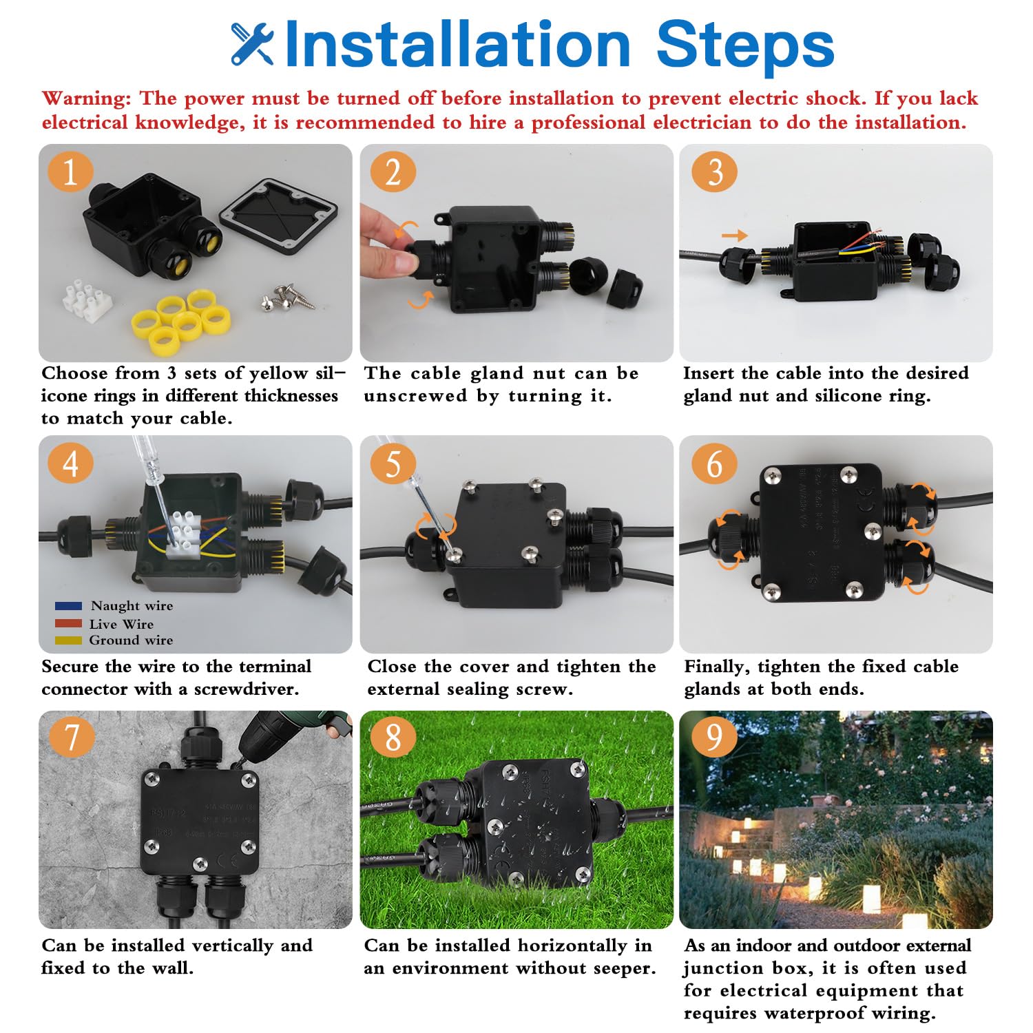 Scatola di giunzione impermeabile a 3 vie, IP68 scatola di giunzione elettrica esterna impermeabile nera scatola di giunzione connettore cavo esterno, per diametro 5 mm -15 mm esterno (piccolo)