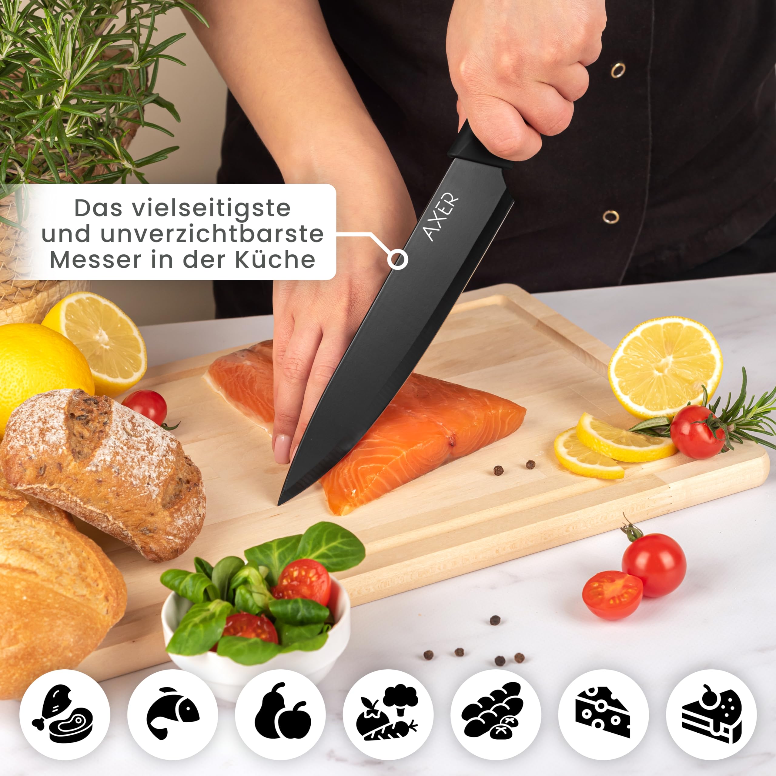Axer Nóż szefa kuchni 20 cm – ostry nóż kuchenny z osłoną ostrza – czarny nóż szefa kuchni – ostry nóż szefa kuchni – nóż ze stali węglowej z pochwą