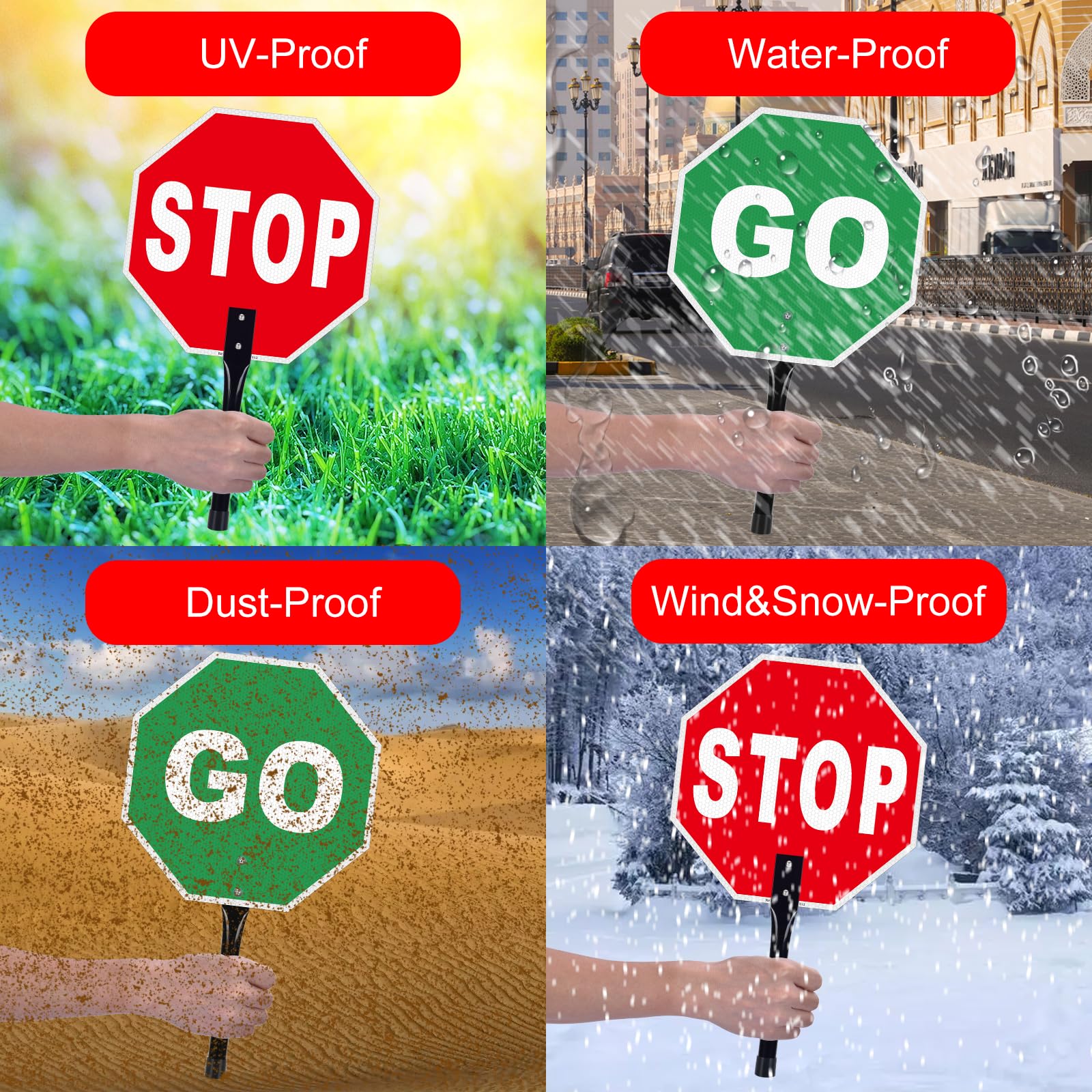 Stop Go Sign with Handle, 12 x 12 Inches Rust Free Aluminum Reflective, Stop/Go Handheld Traffic Sign, Double Sided, Weather Resistant, Easy to Mount — Amazon image 3
