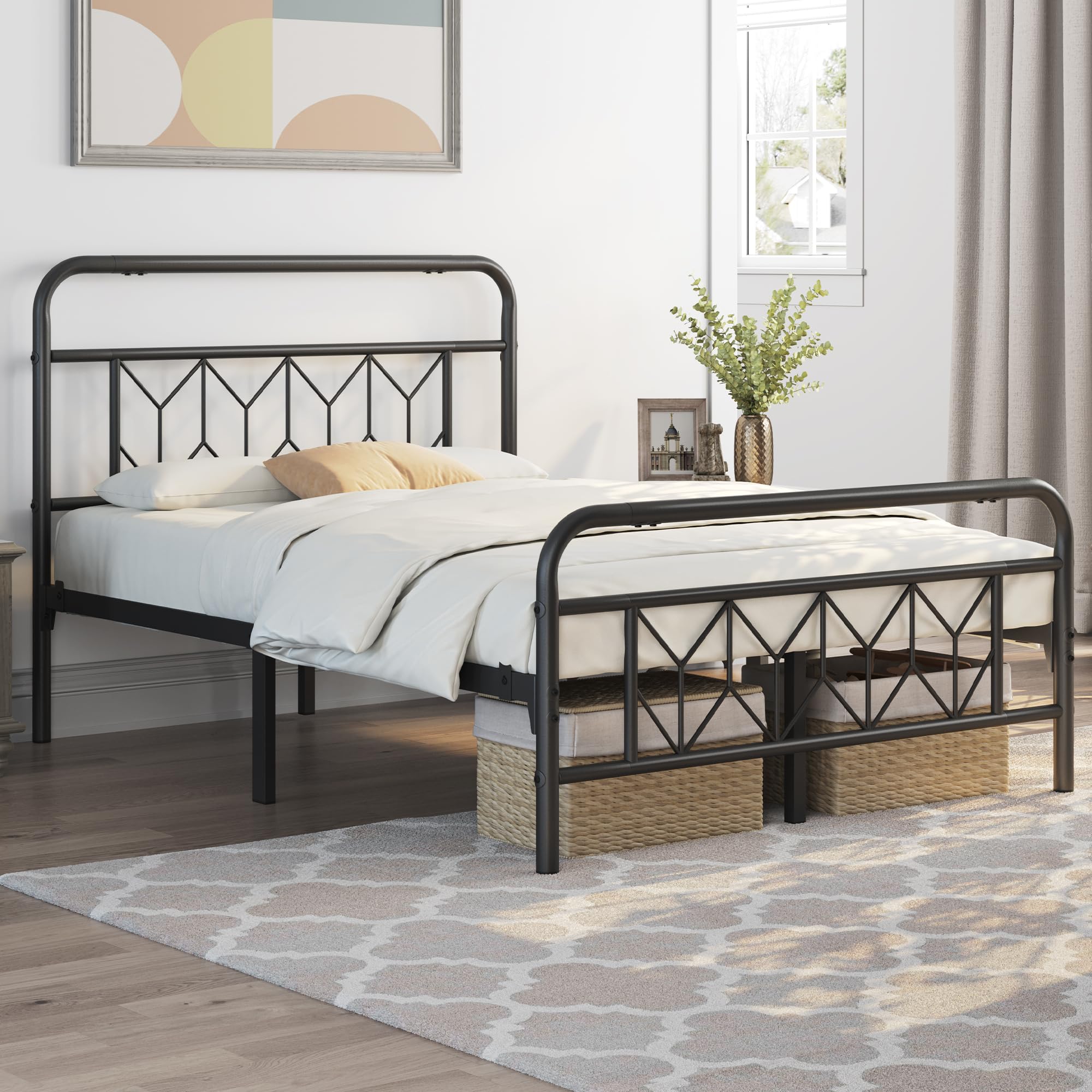 Yaheetech Marco de Cama Doble Matrimonial Adecuado para Colchón de 140x200 cm Estructura Metálica de Cama con Espacio Almacenamiento Estilo Moderno Industrial Negro