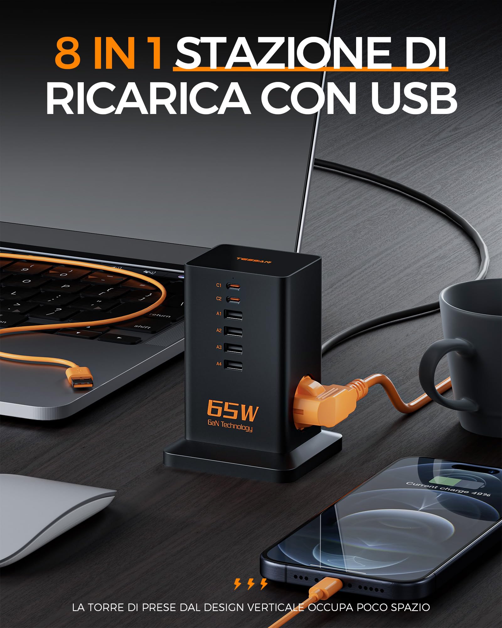 TESSAN Alimentatore USB C 65W, GaN Caricabatterie Multiplo, Caricatore Rapido con 2 prese, Stazione di Ricarica USB con cavo 2M